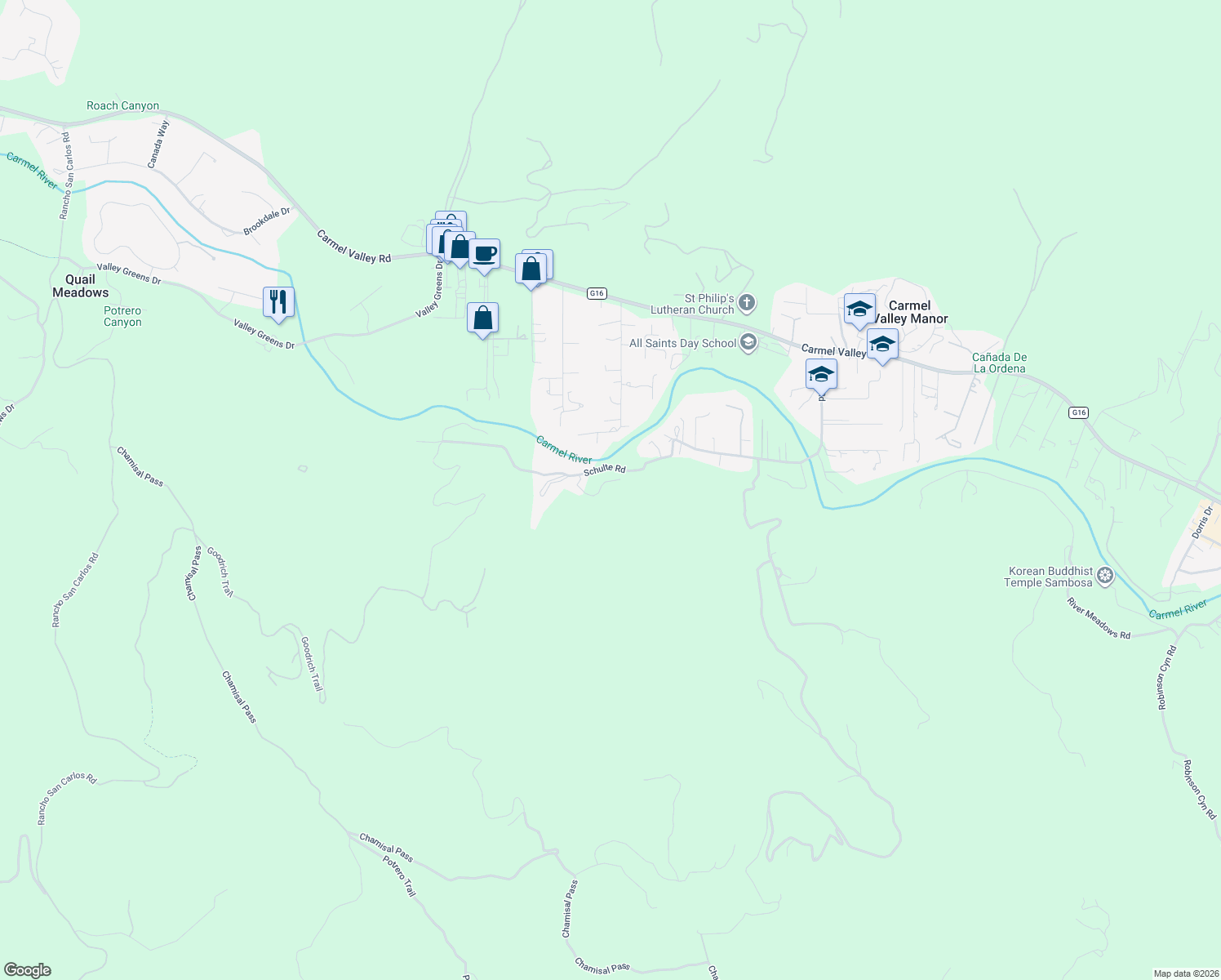 map of restaurants, bars, coffee shops, grocery stores, and more near 27645 Schulte Road in Carmel-by-the-Sea