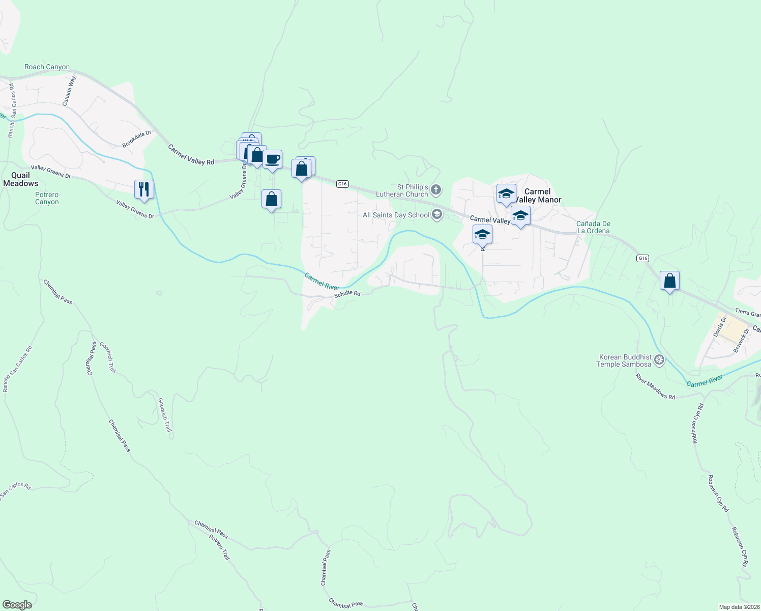 map of restaurants, bars, coffee shops, grocery stores, and more near 27505 Schulte Road in Carmel-by-the-Sea