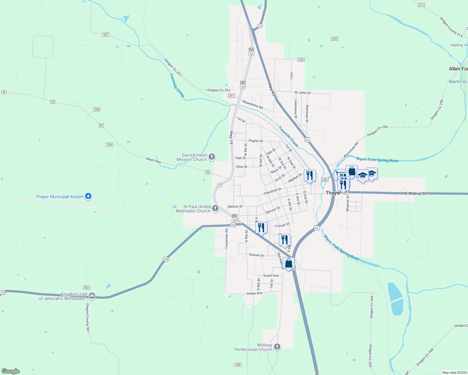 map of restaurants, bars, coffee shops, grocery stores, and more near 129 N 10th St in Thayer