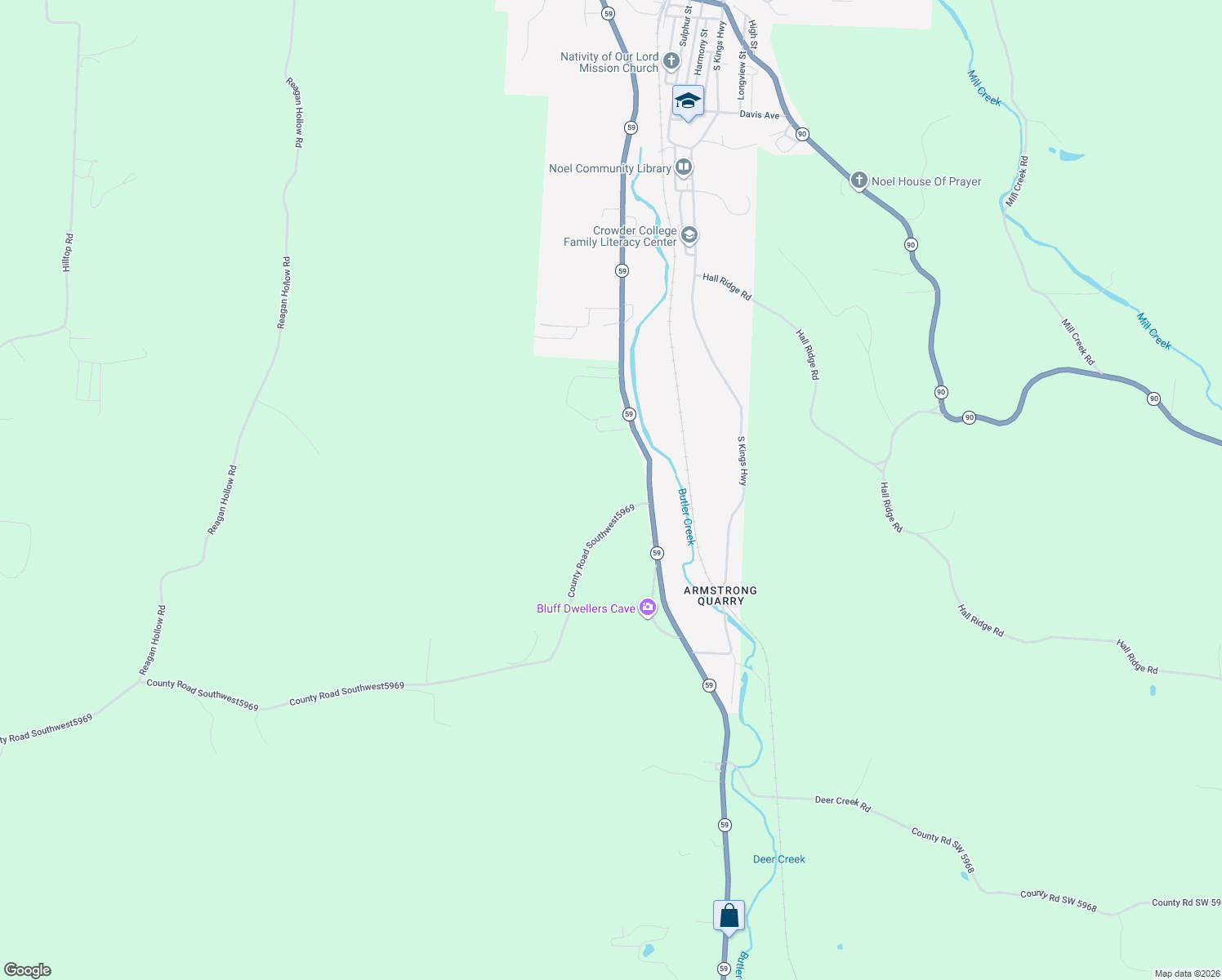 map of restaurants, bars, coffee shops, grocery stores, and more near County Road Southwest5969 in Noel