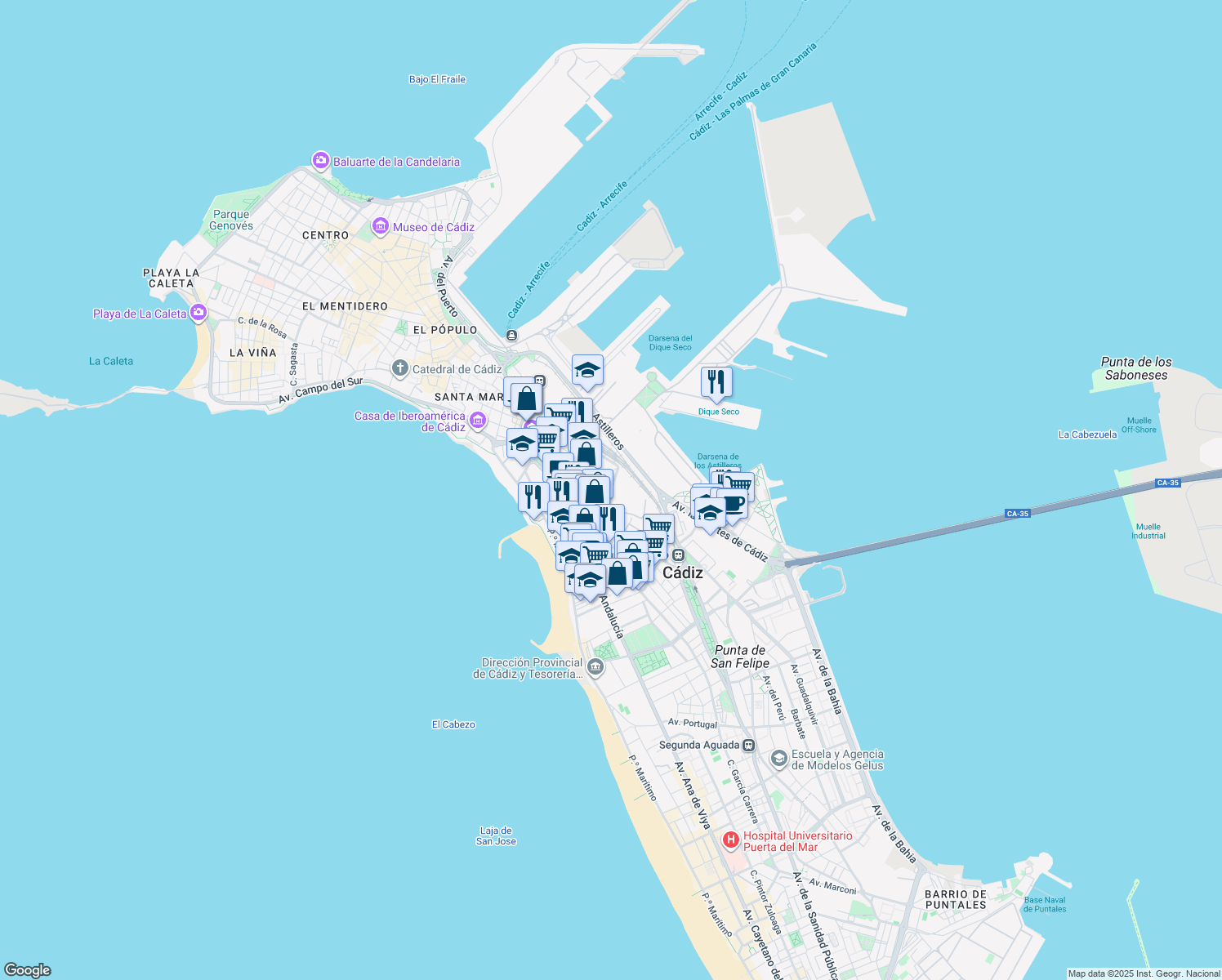 map of restaurants, bars, coffee shops, grocery stores, and more near Avenida de la Marina in Cádiz