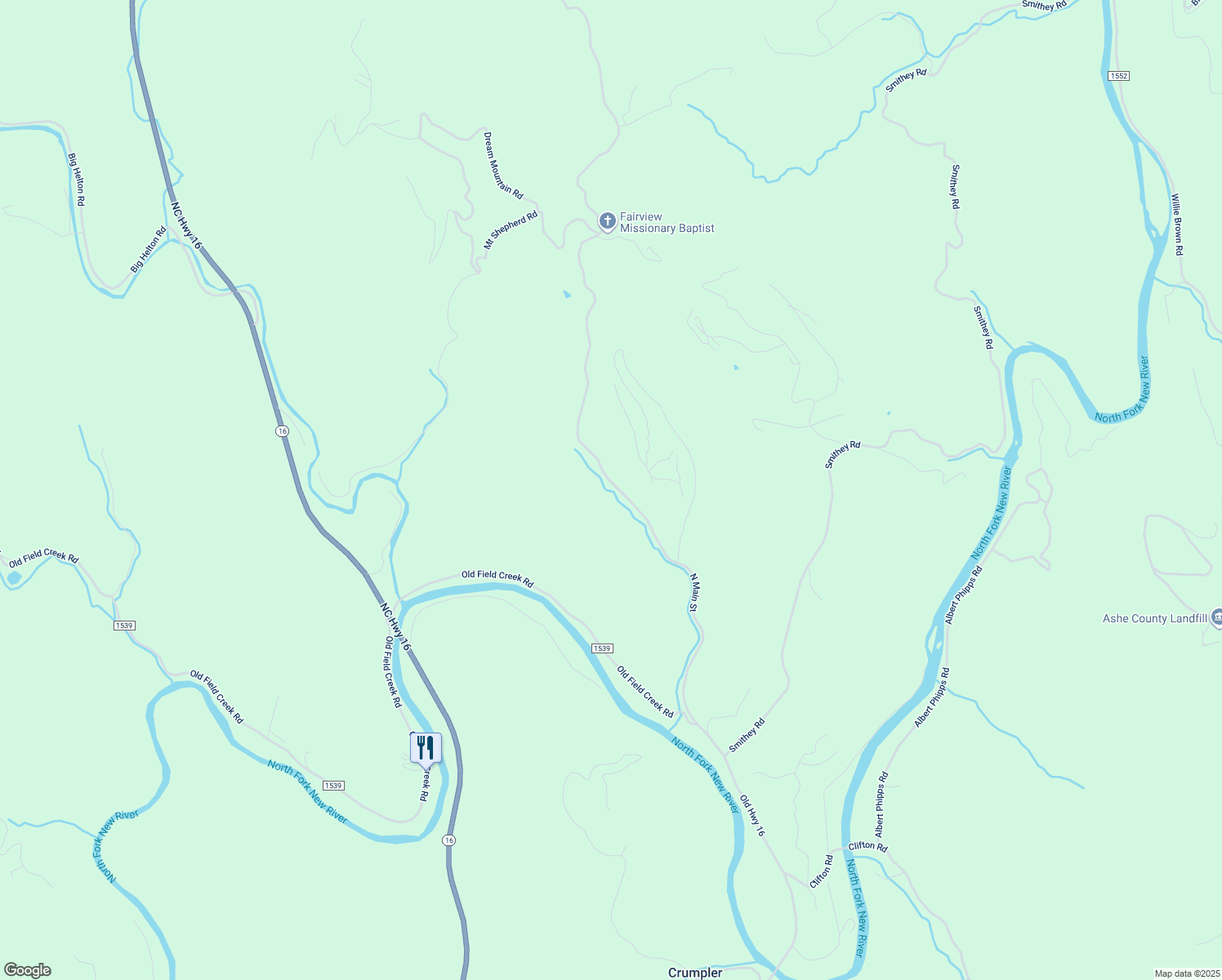 map of restaurants, bars, coffee shops, grocery stores, and more near North Carolina Highway 16 in Grassy Creek