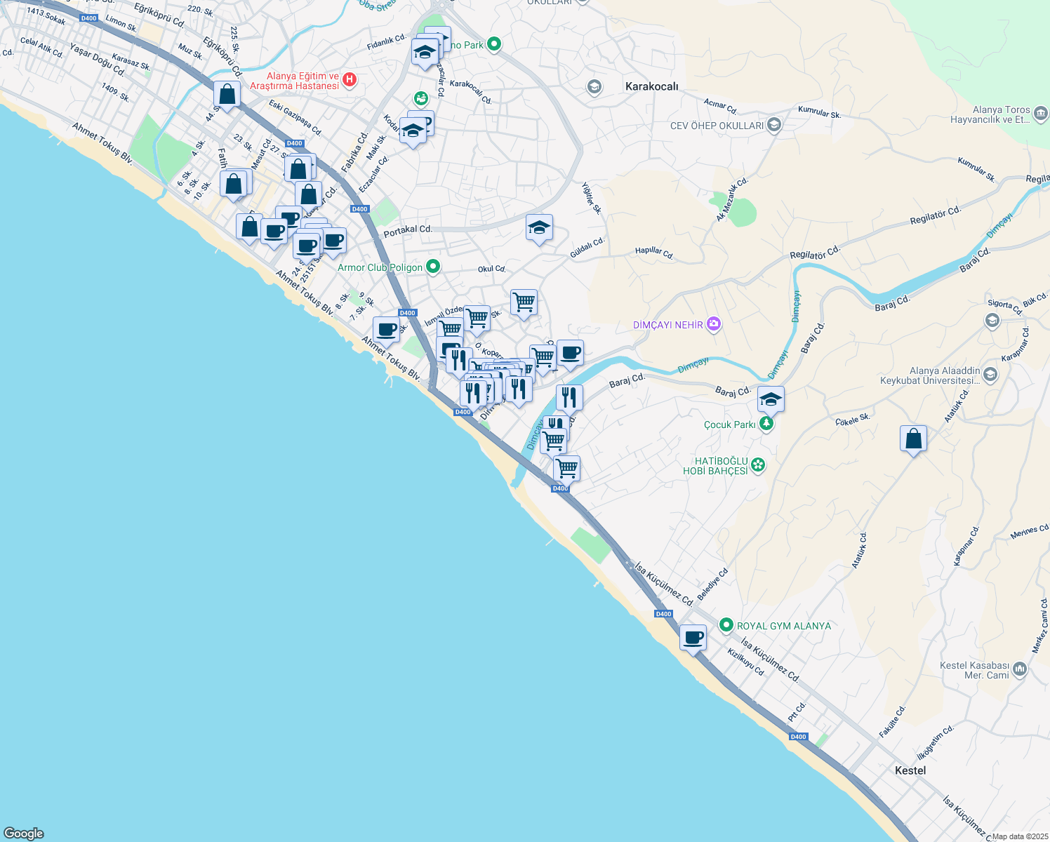 map of restaurants, bars, coffee shops, grocery stores, and more near 20 Dim Çayı Caddesi in Alanya