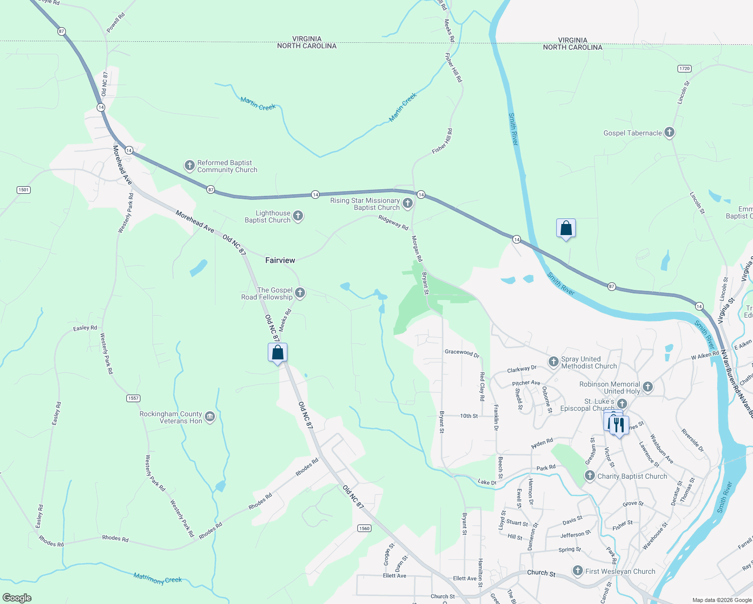 map of restaurants, bars, coffee shops, grocery stores, and more near 241 Denson Road in Eden