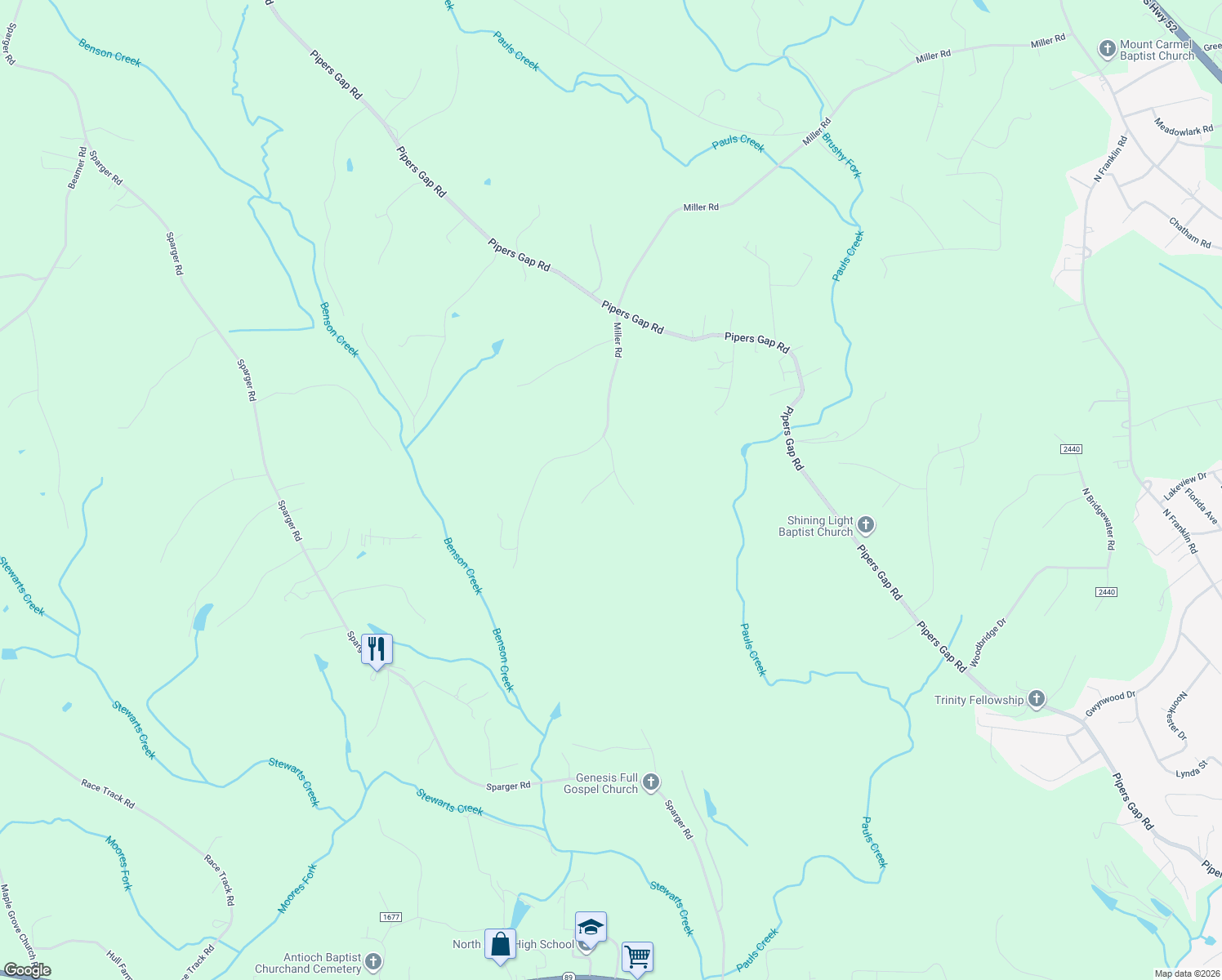 map of restaurants, bars, coffee shops, grocery stores, and more near 123 Cedar Trail in Mount Airy