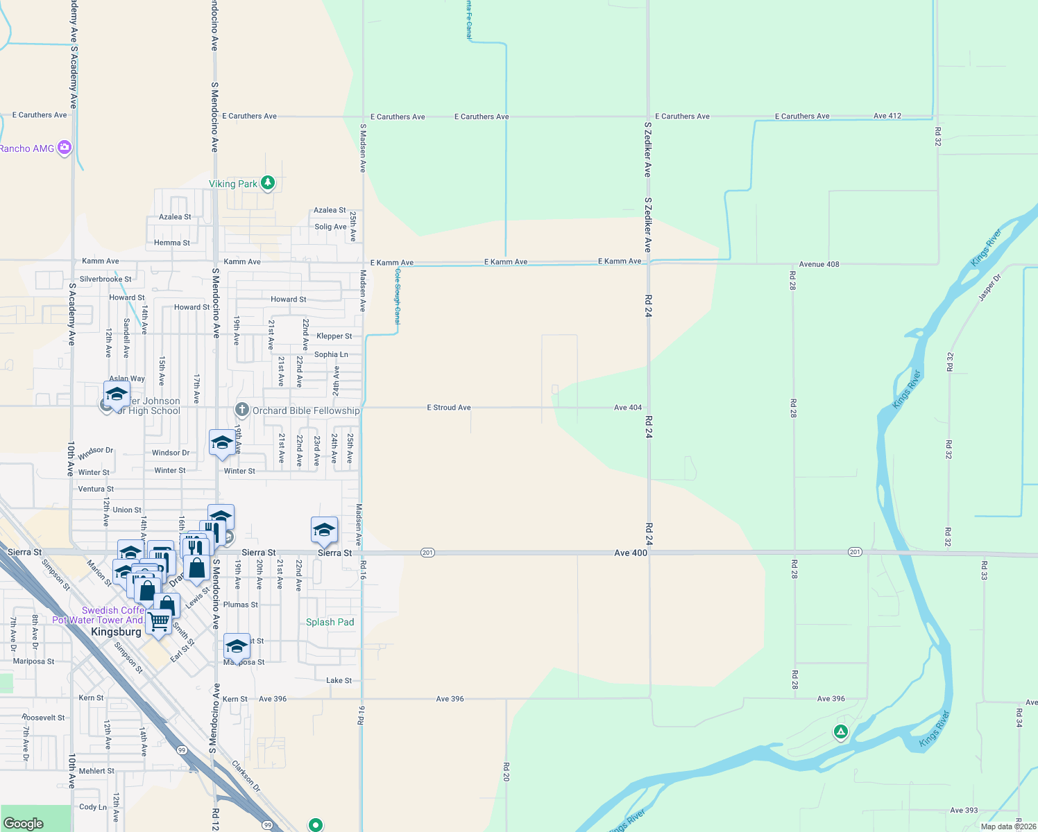 map of restaurants, bars, coffee shops, grocery stores, and more near 14519 East Stroud Avenue in Kingsburg