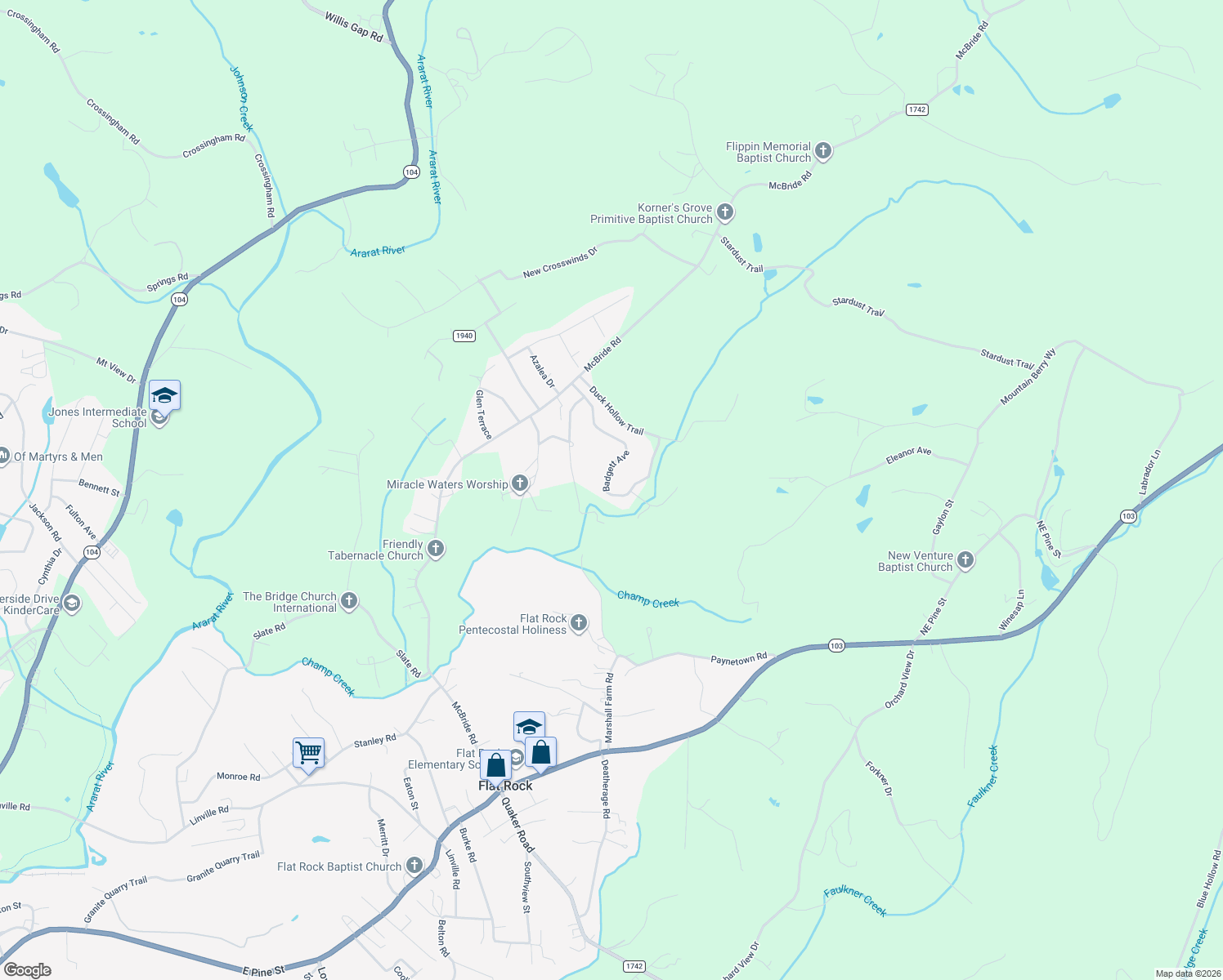 map of restaurants, bars, coffee shops, grocery stores, and more near 335 Badgett Avenue in Mount Airy