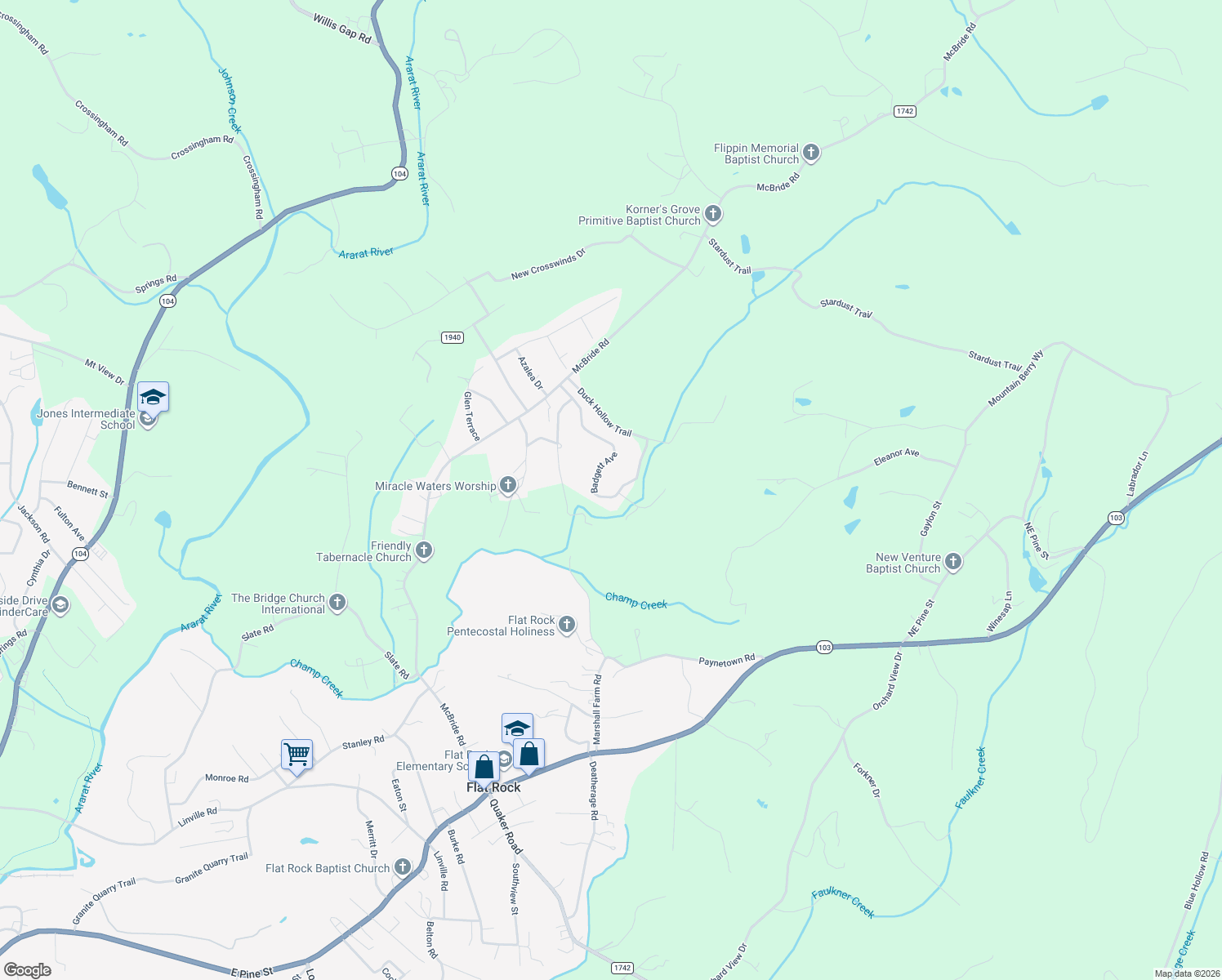 map of restaurants, bars, coffee shops, grocery stores, and more near 335 Badgett Avenue in Mount Airy