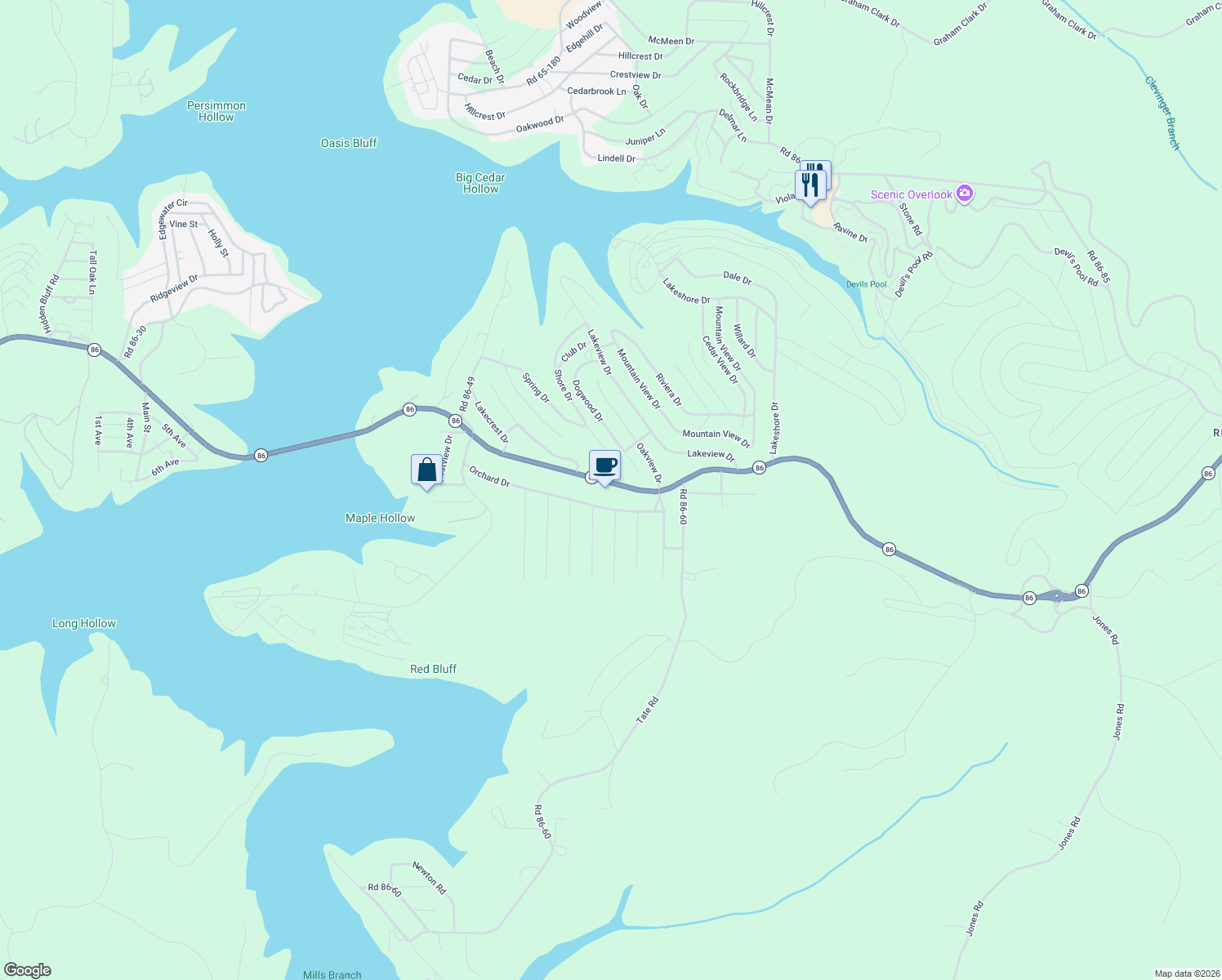 map of restaurants, bars, coffee shops, grocery stores, and more near 2896 State Highway 86 in Taney County