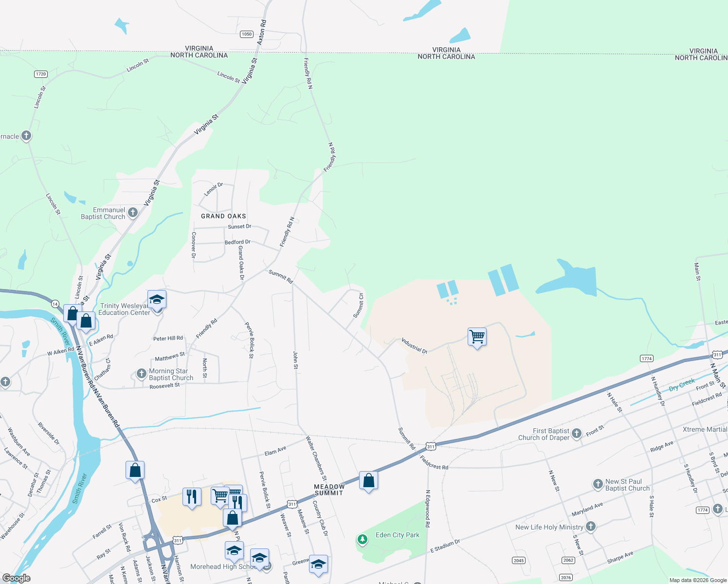 map of restaurants, bars, coffee shops, grocery stores, and more near 738 Summit Circle in Eden