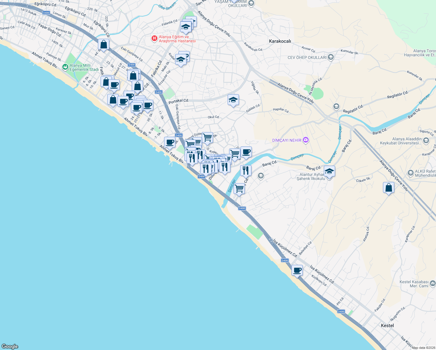 map of restaurants, bars, coffee shops, grocery stores, and more near 2 Gündoğan Sokak in Alanya