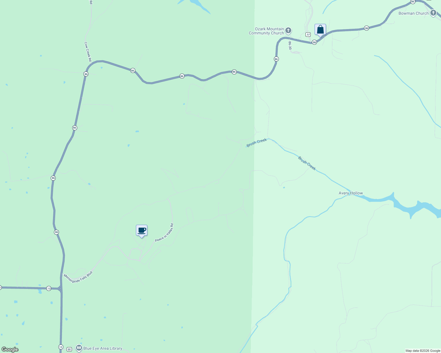 map of restaurants, bars, coffee shops, grocery stores, and more near 1086 Peace in the Valley Road in Blue Eye
