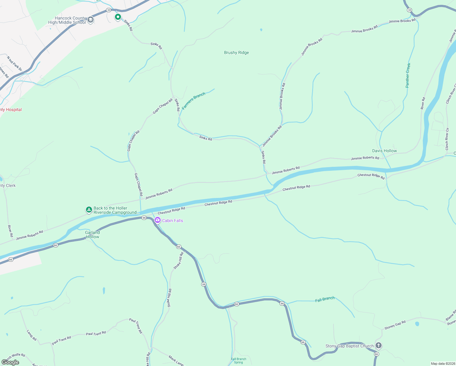 map of restaurants, bars, coffee shops, grocery stores, and more near 2304 Jimmie Roberts Road in Sneedville