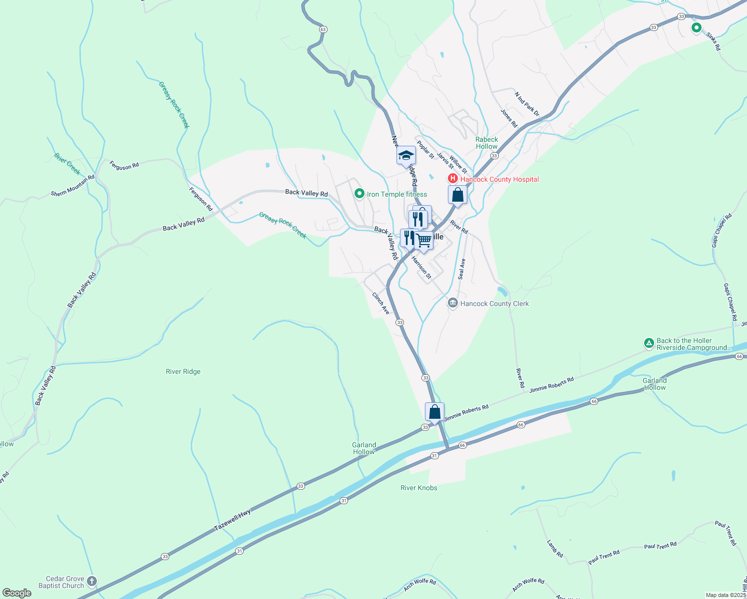 map of restaurants, bars, coffee shops, grocery stores, and more near 241 Clinch Ave in Sneedville