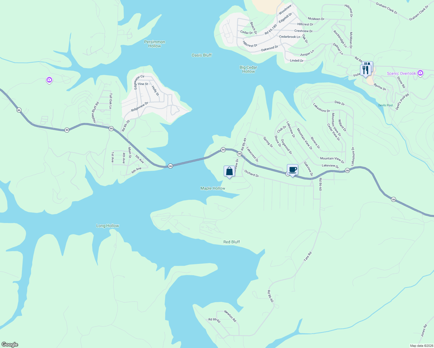 map of restaurants, bars, coffee shops, grocery stores, and more near 3721 State Highway 86 in Taney County