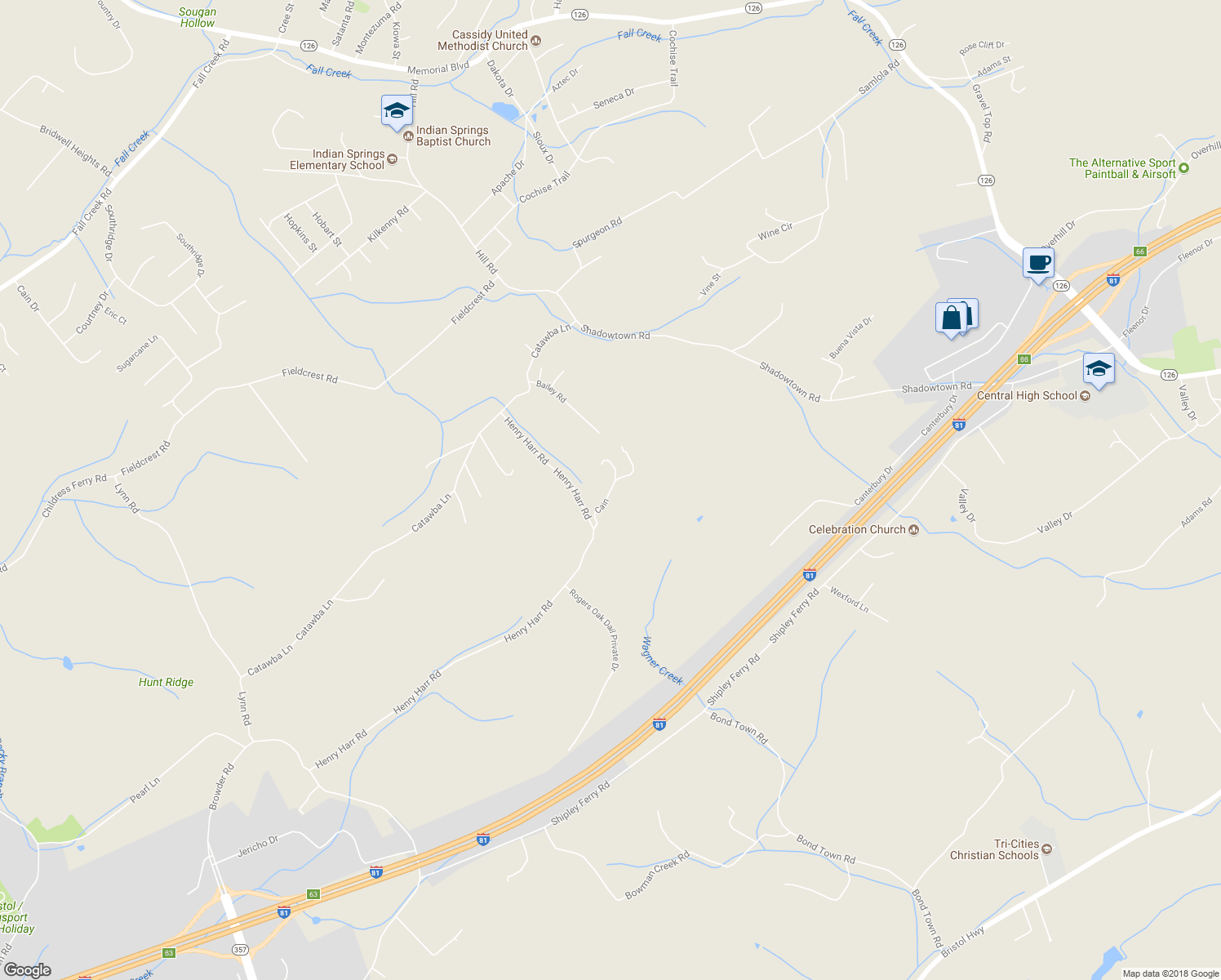 map of restaurants, bars, coffee shops, grocery stores, and more near 499 Cain in Blountville