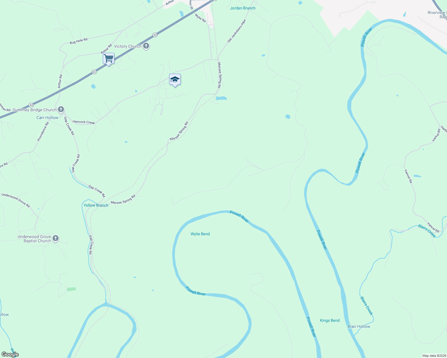 map of restaurants, bars, coffee shops, grocery stores, and more near 1226 King Bend Road in Cumberland Gap