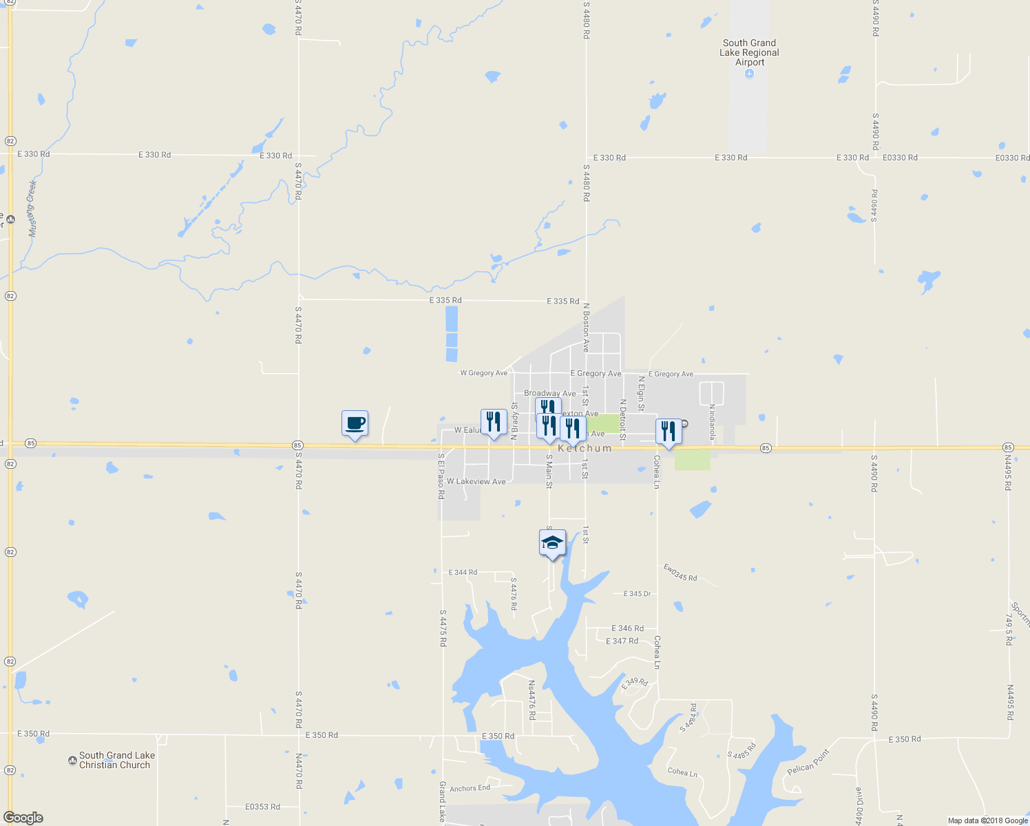 map of restaurants, bars, coffee shops, grocery stores, and more near North Brady Street in Vinita