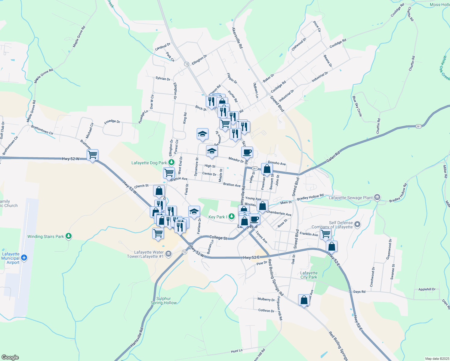 map of restaurants, bars, coffee shops, grocery stores, and more near 206 Bratton Avenue in Lafayette