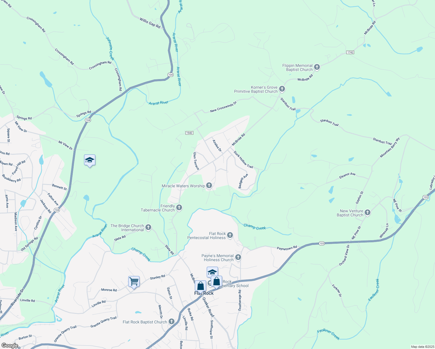 map of restaurants, bars, coffee shops, grocery stores, and more near 153 Triple R Drive in Mount Airy