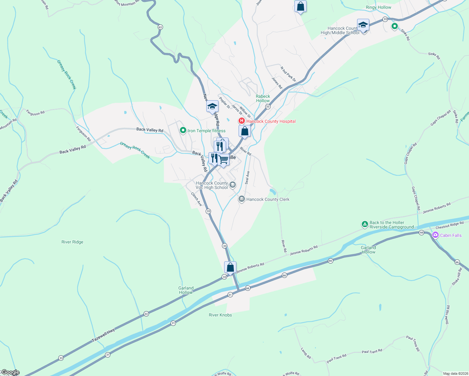 map of restaurants, bars, coffee shops, grocery stores, and more near 295 Harrison St in Sneedville