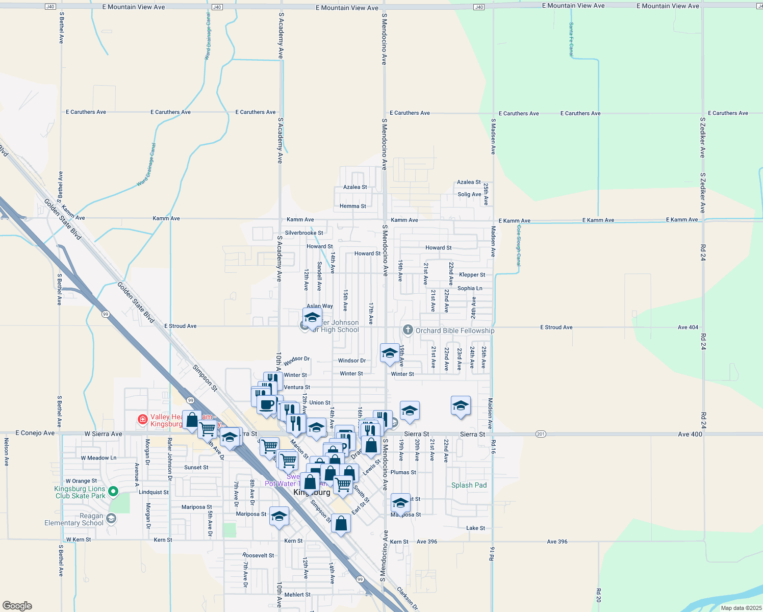 map of restaurants, bars, coffee shops, grocery stores, and more near 2507 18th Avenue in Kingsburg