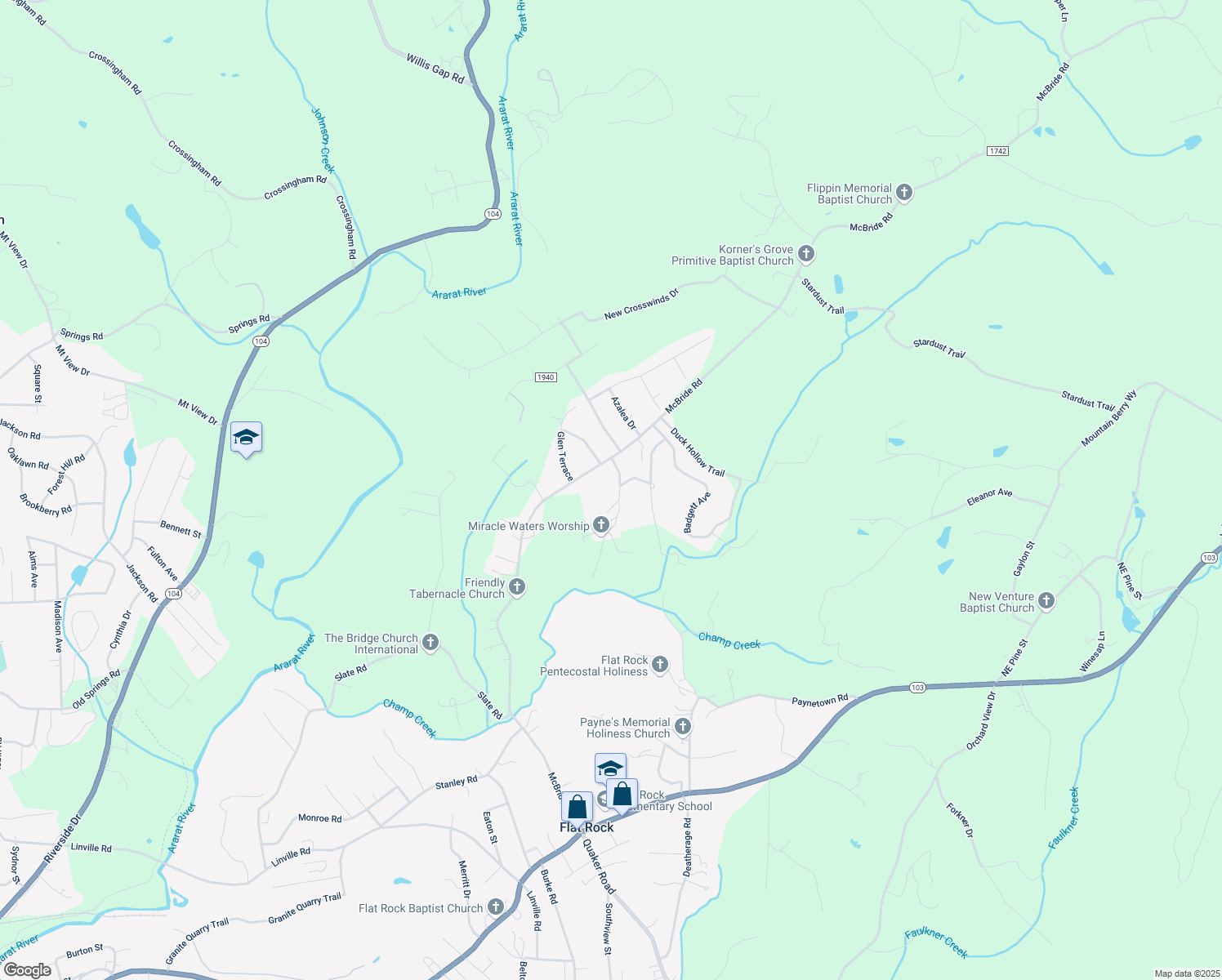 map of restaurants, bars, coffee shops, grocery stores, and more near 153 Triple R Drive in Mount Airy