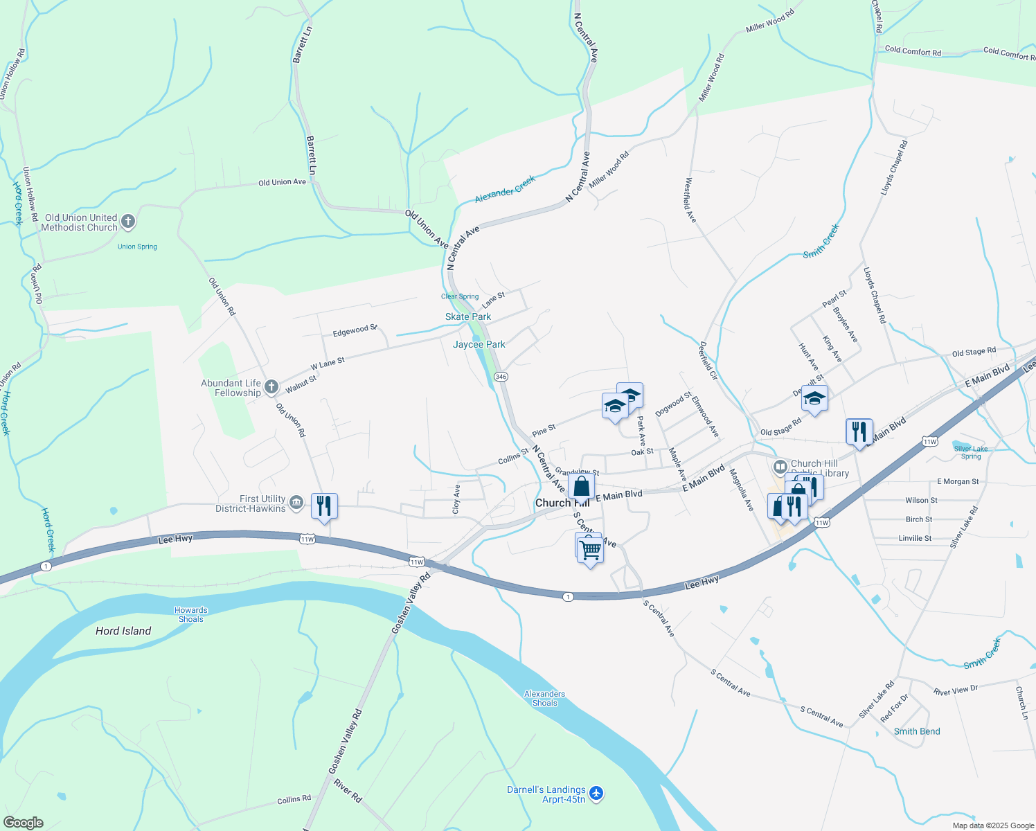 map of restaurants, bars, coffee shops, grocery stores, and more near 316 N Central Ave in Church Hill