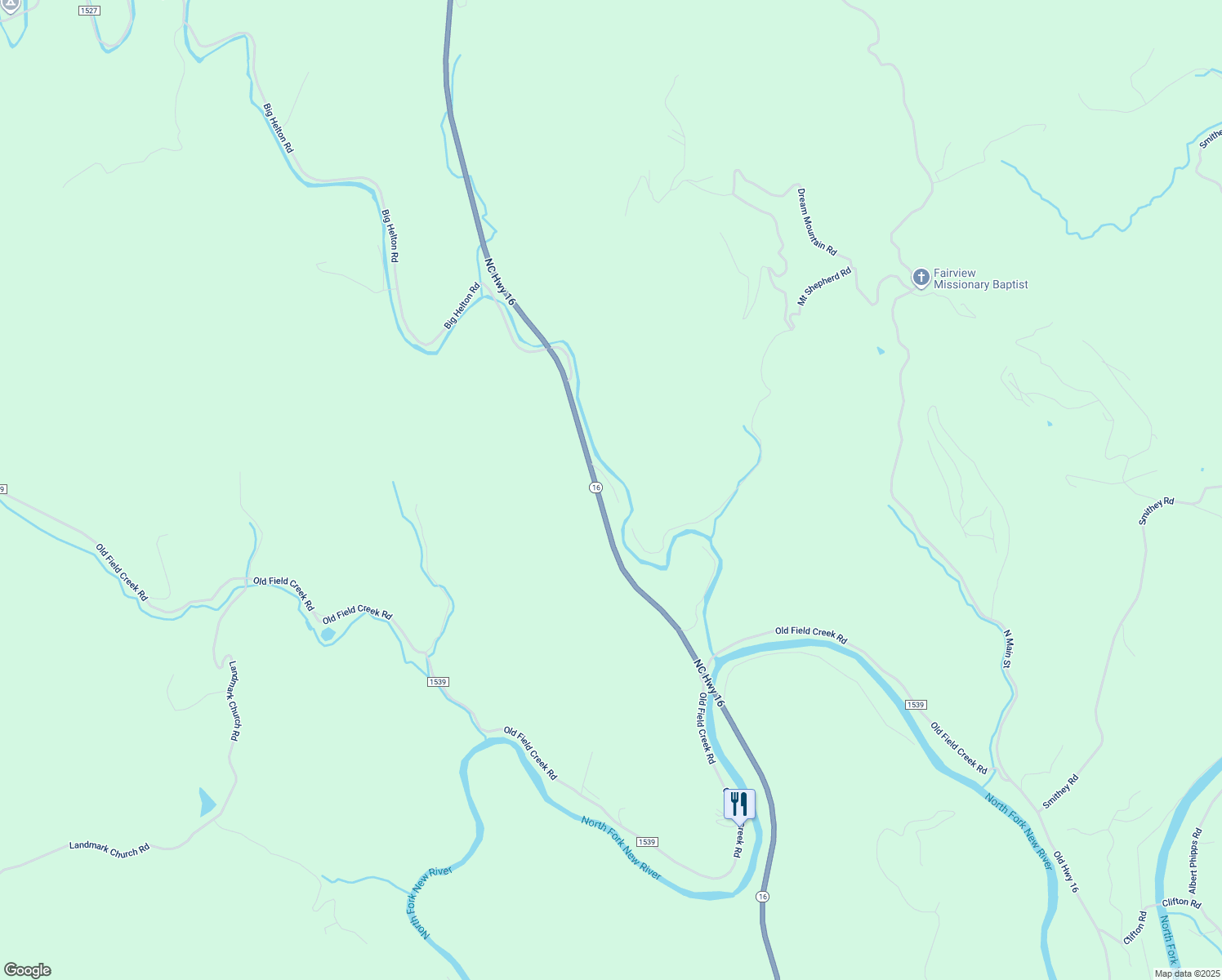 map of restaurants, bars, coffee shops, grocery stores, and more near 8984 North Carolina 16 in Grassy Creek