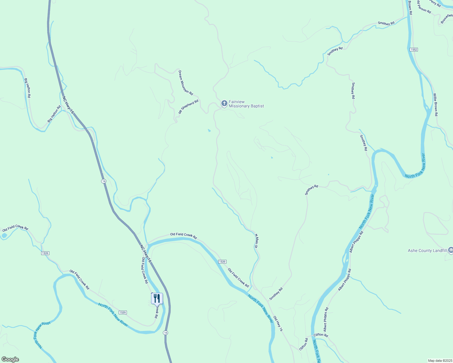 map of restaurants, bars, coffee shops, grocery stores, and more near North Carolina Highway 16 in Grassy Creek