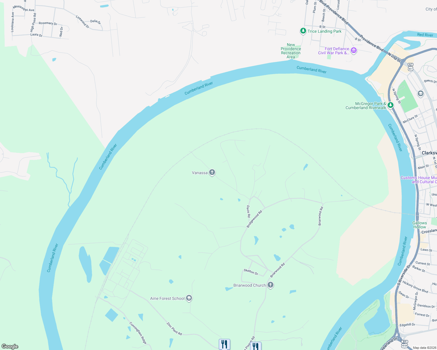 map of restaurants, bars, coffee shops, grocery stores, and more near 1907 Hilltop Road in Clarksville