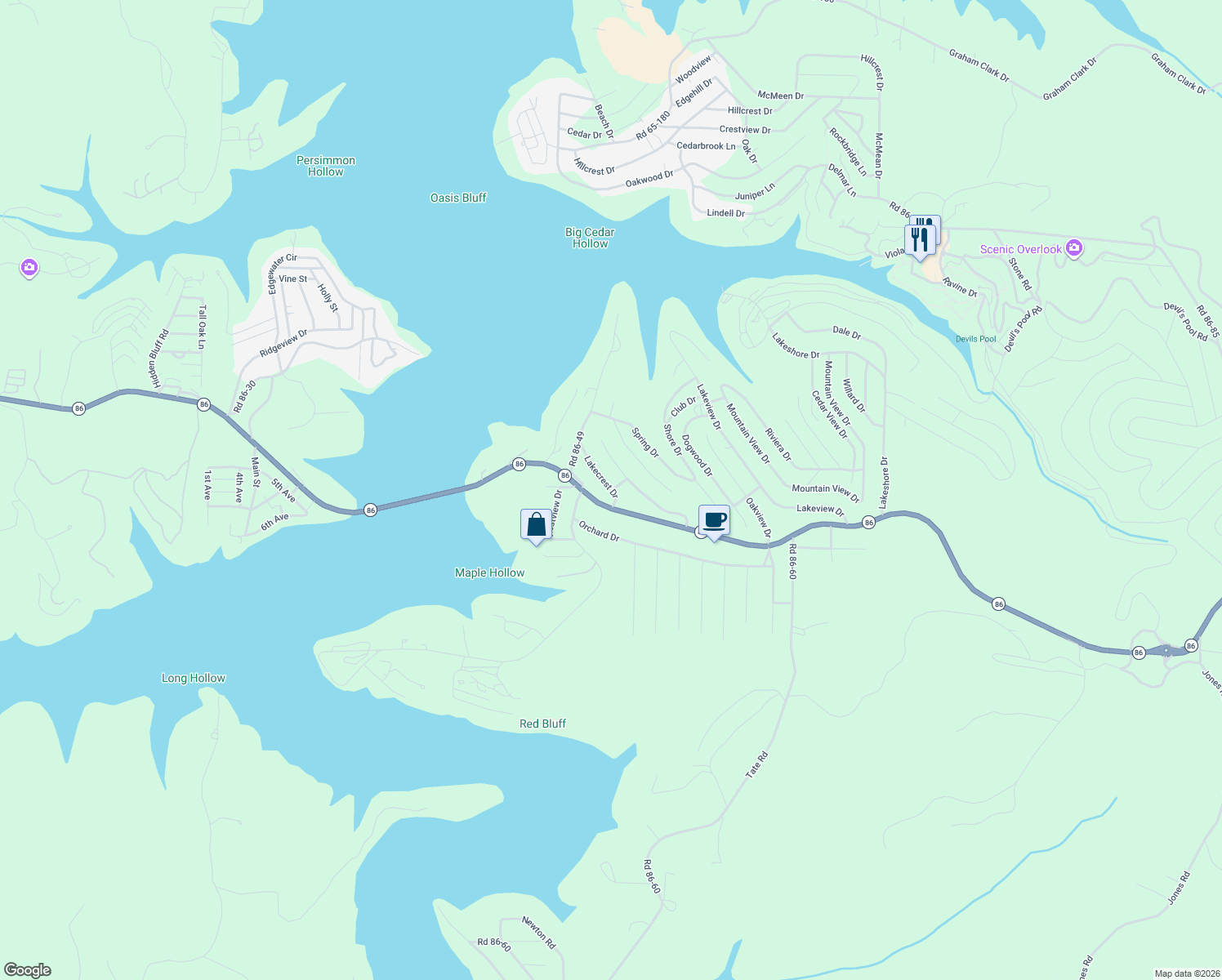 map of restaurants, bars, coffee shops, grocery stores, and more near 119 Lakecrest Drive in Taney County