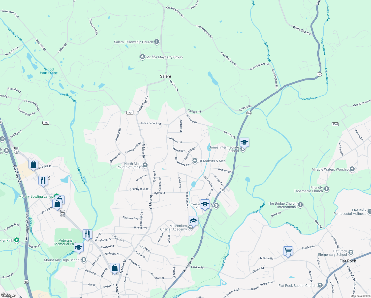 map of restaurants, bars, coffee shops, grocery stores, and more near 129 Oaklawn Road in Mount Airy