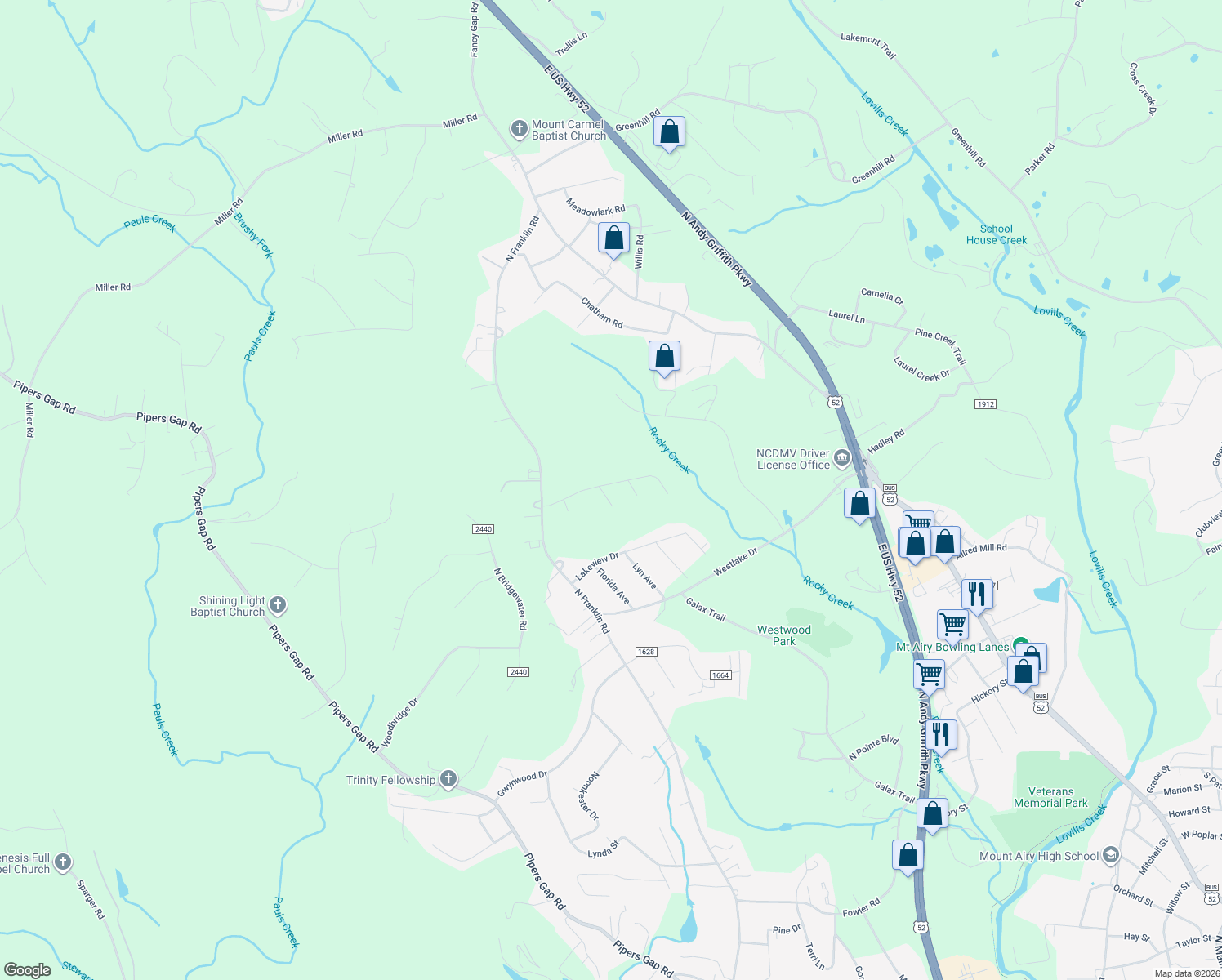 map of restaurants, bars, coffee shops, grocery stores, and more near 204 Lewis Drive in Mount Airy