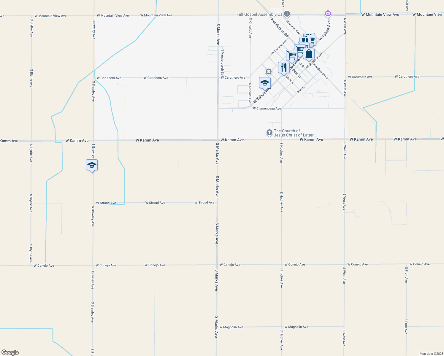 map of restaurants, bars, coffee shops, grocery stores, and more near 14270 South Marks Avenue in Caruthers