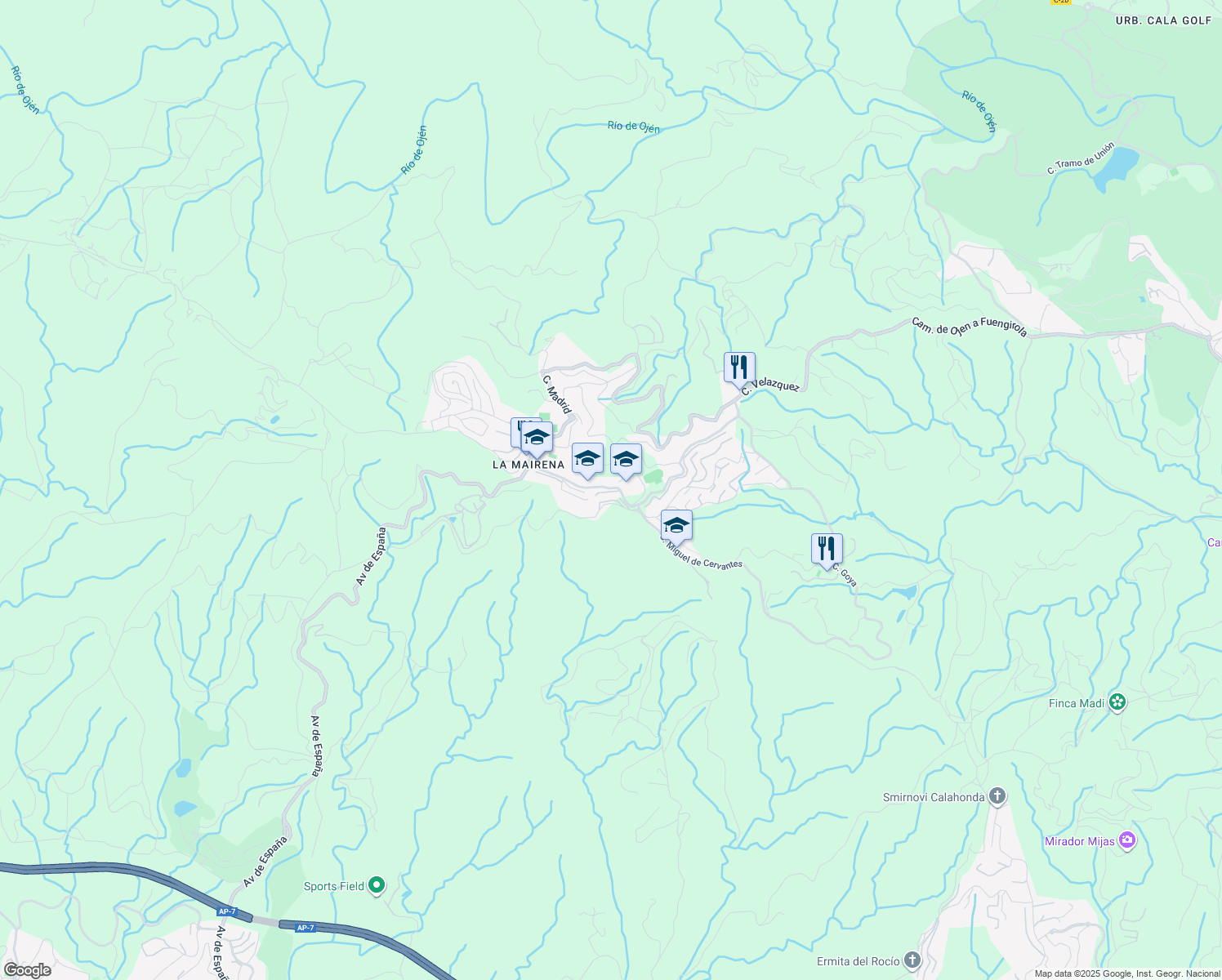 map of restaurants, bars, coffee shops, grocery stores, and more near Calle Galicia in Ojén