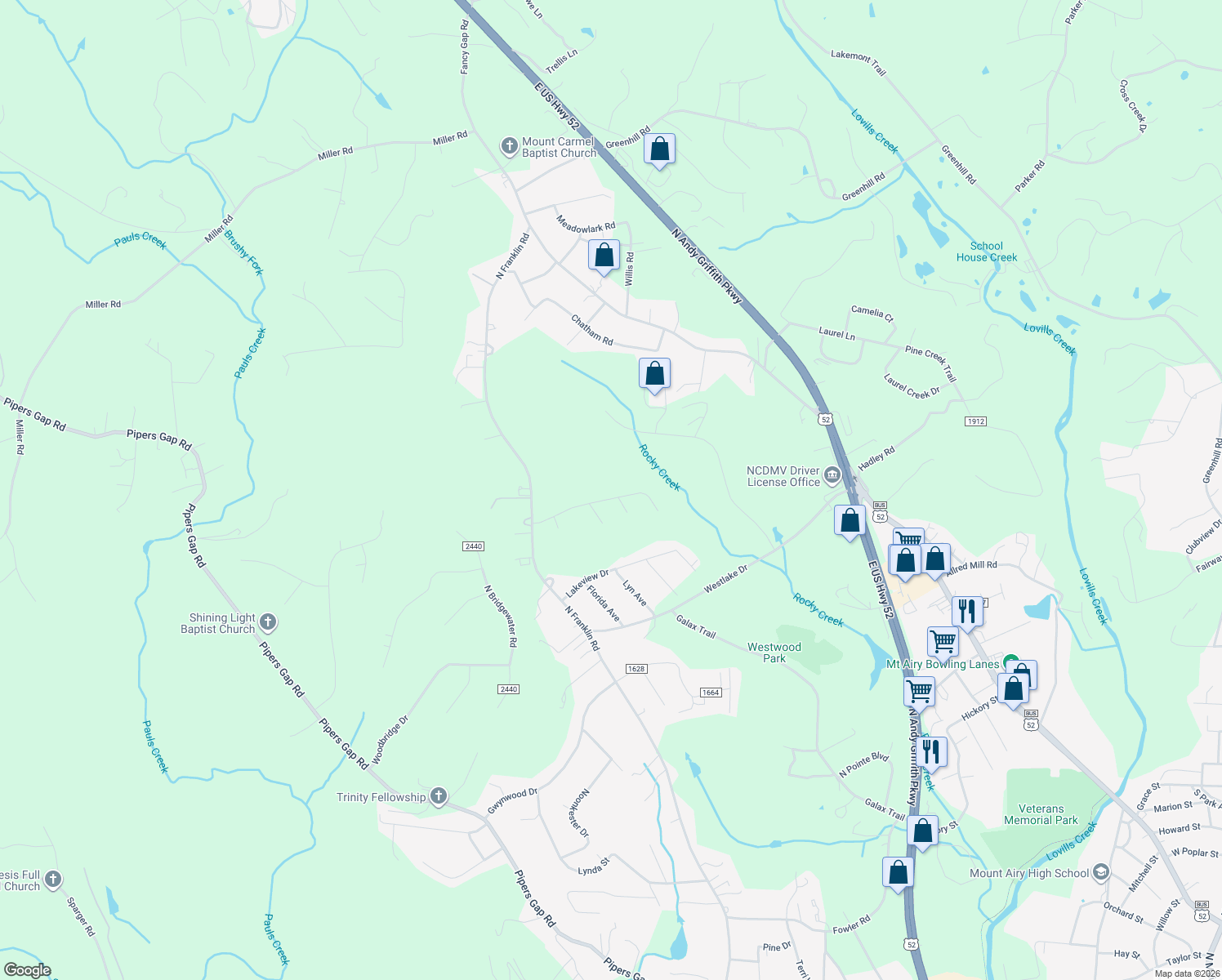 map of restaurants, bars, coffee shops, grocery stores, and more near 204 Lewis Drive in Mount Airy