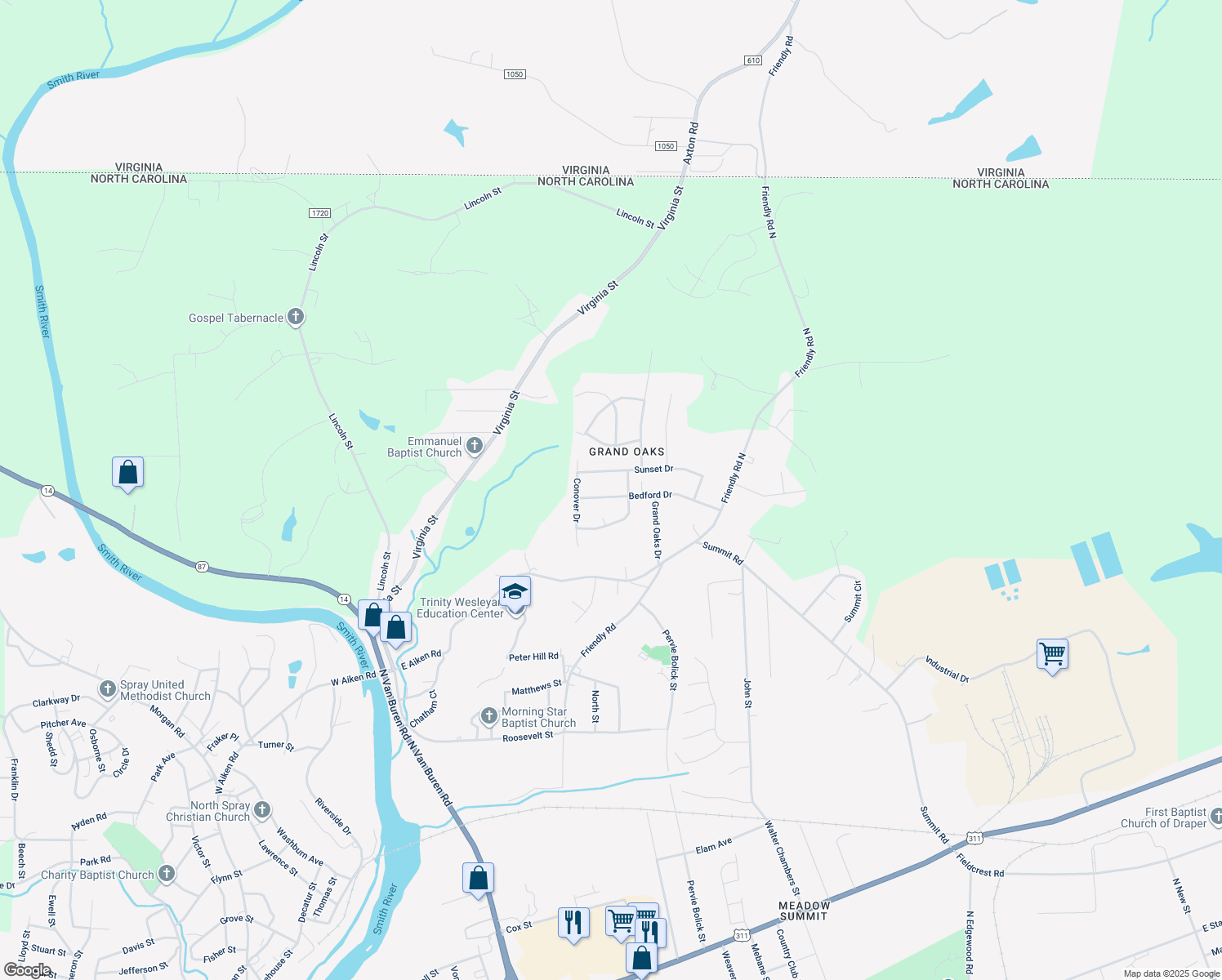 map of restaurants, bars, coffee shops, grocery stores, and more near 221 Bedford Drive in Eden