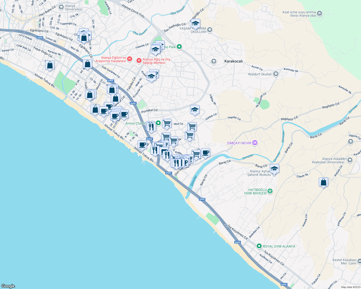 map of restaurants, bars, coffee shops, grocery stores, and more near Aydoğan Sokak in Alanya
