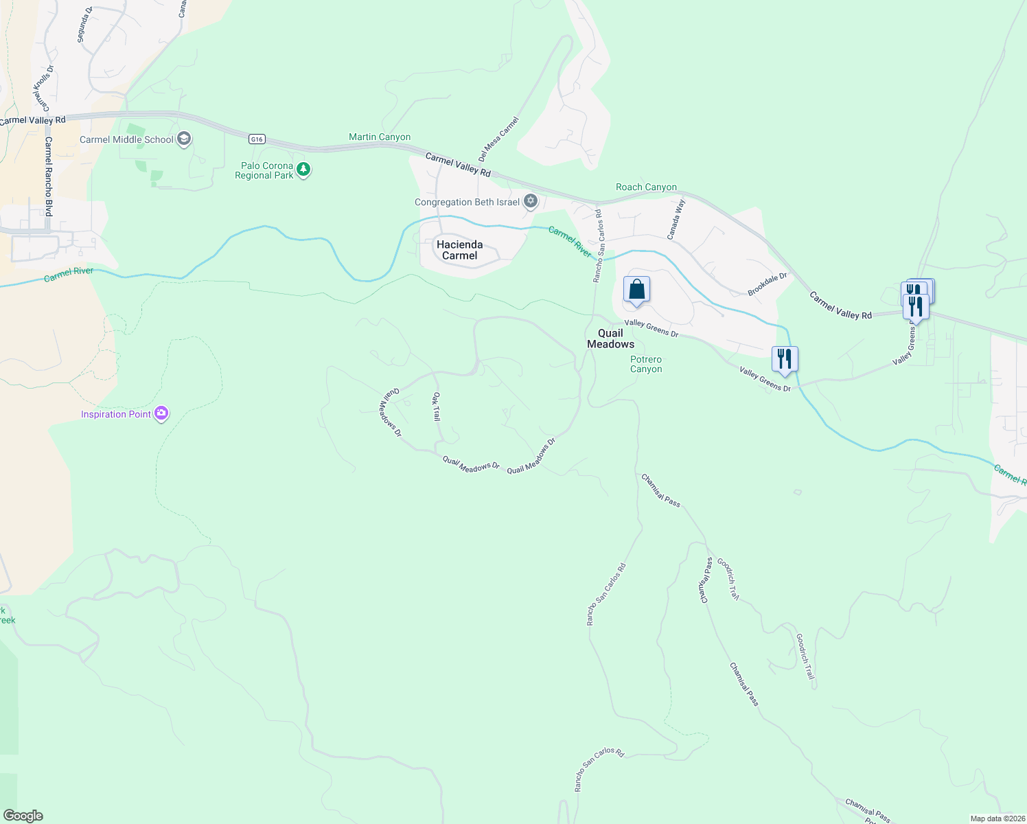 map of restaurants, bars, coffee shops, grocery stores, and more near 5462 Quail Way in Carmel-by-the-Sea