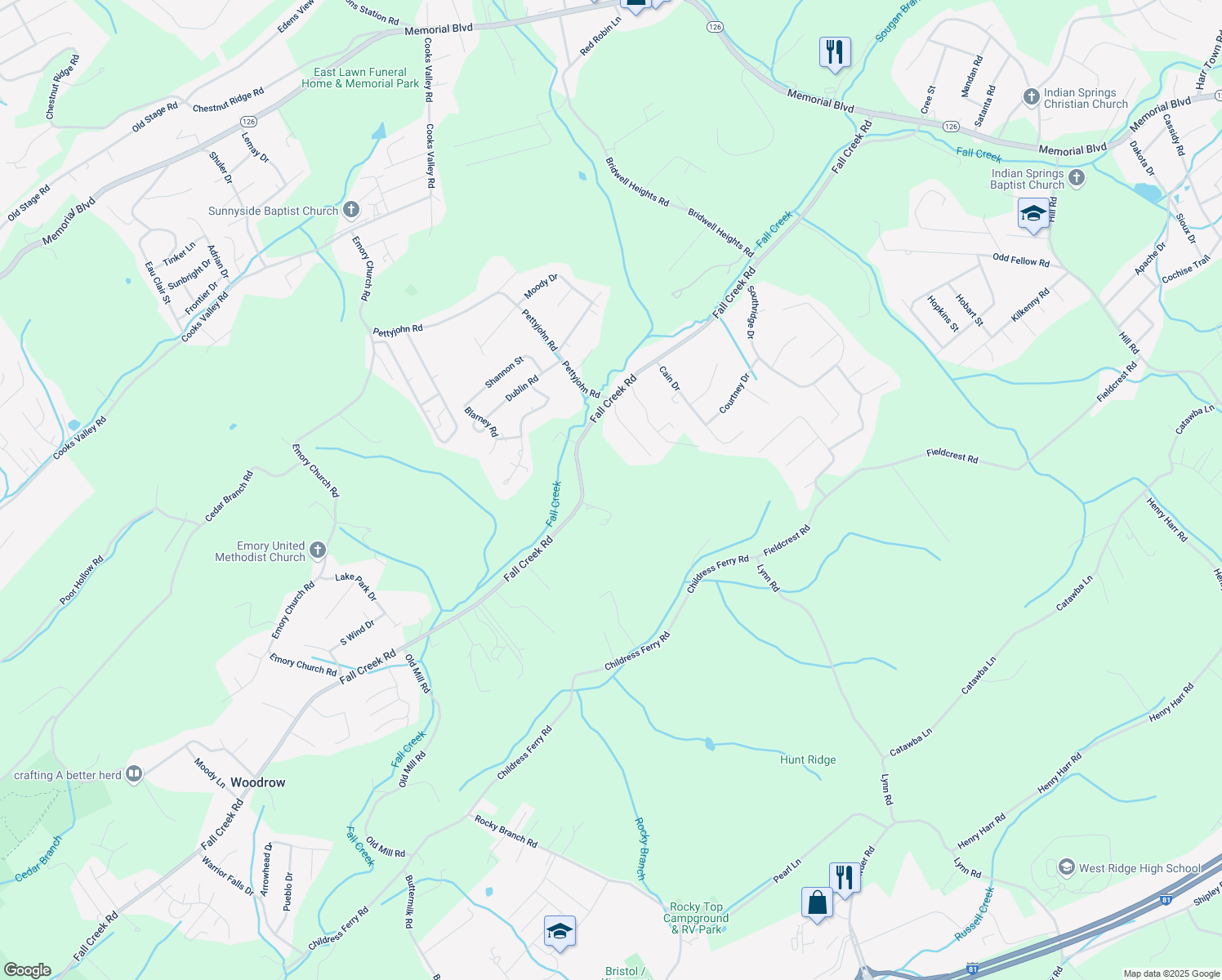 map of restaurants, bars, coffee shops, grocery stores, and more near 731 Fall Creek Rd in Blountville