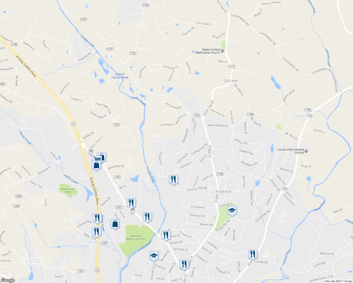 map of restaurants, bars, coffee shops, grocery stores, and more near 717 Greenhill Road in Mount Airy