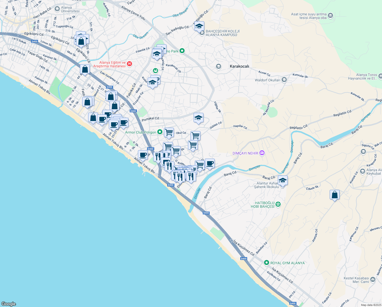 map of restaurants, bars, coffee shops, grocery stores, and more near 27 Merkez Cami Caddesi in Alanya
