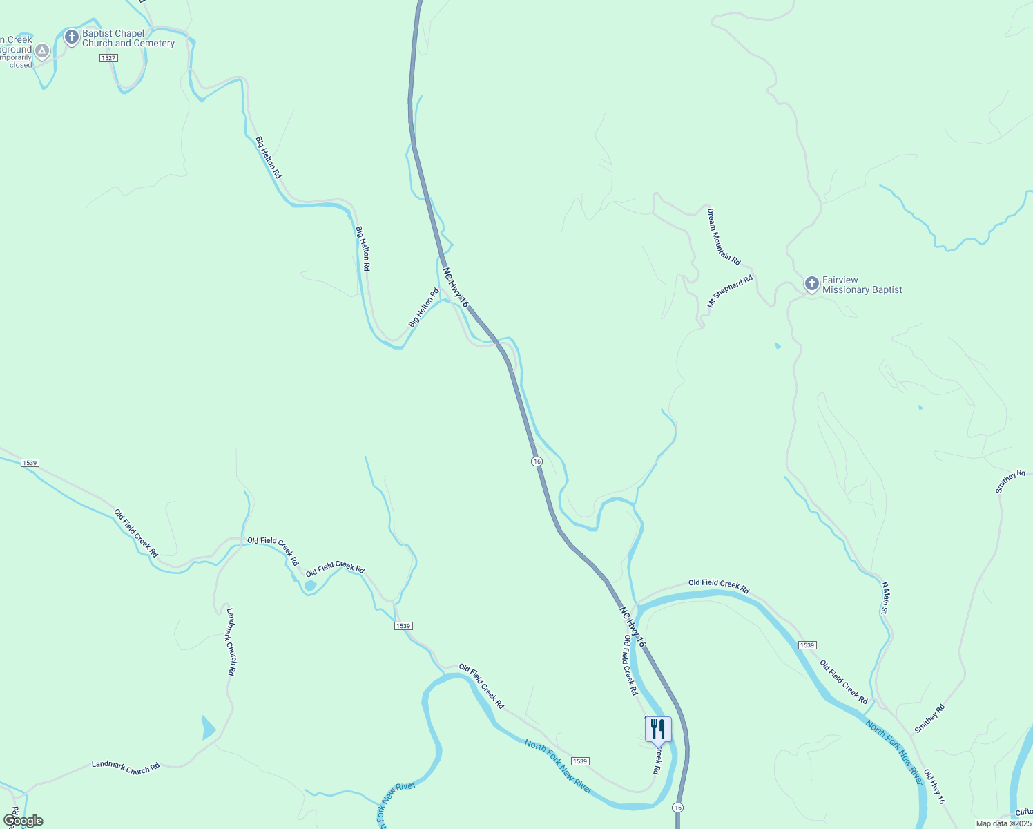 map of restaurants, bars, coffee shops, grocery stores, and more near 9103 North Carolina 16 in Grassy Creek