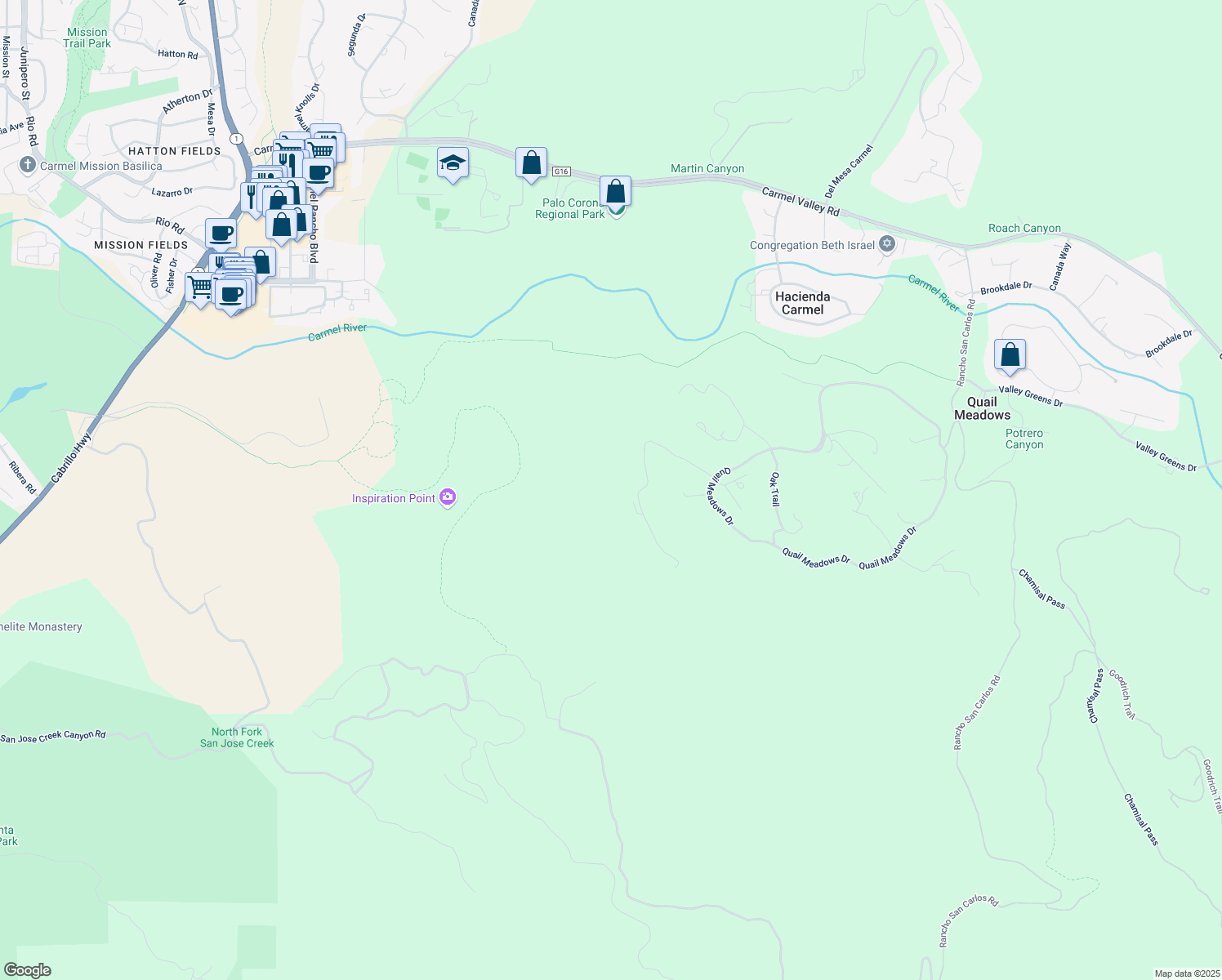 map of restaurants, bars, coffee shops, grocery stores, and more near 5479 Covey Court in Carmel-by-the-Sea