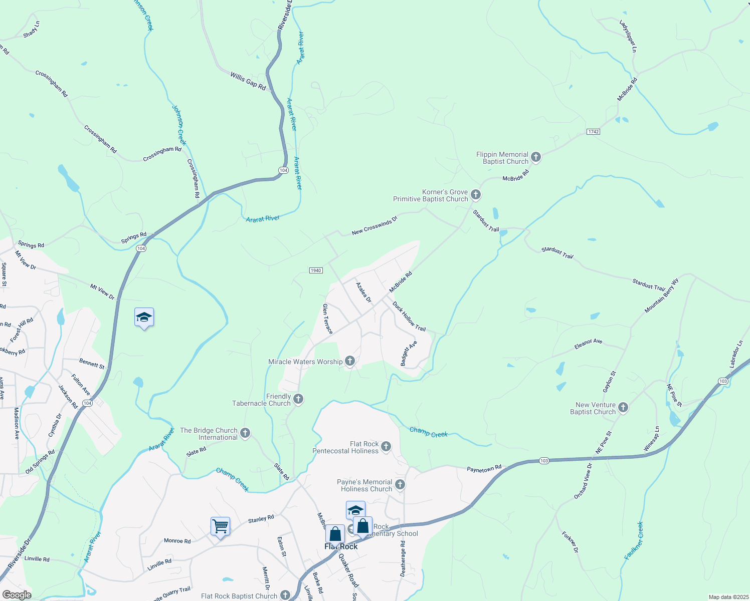 map of restaurants, bars, coffee shops, grocery stores, and more near 817 McBride Road in Mount Airy