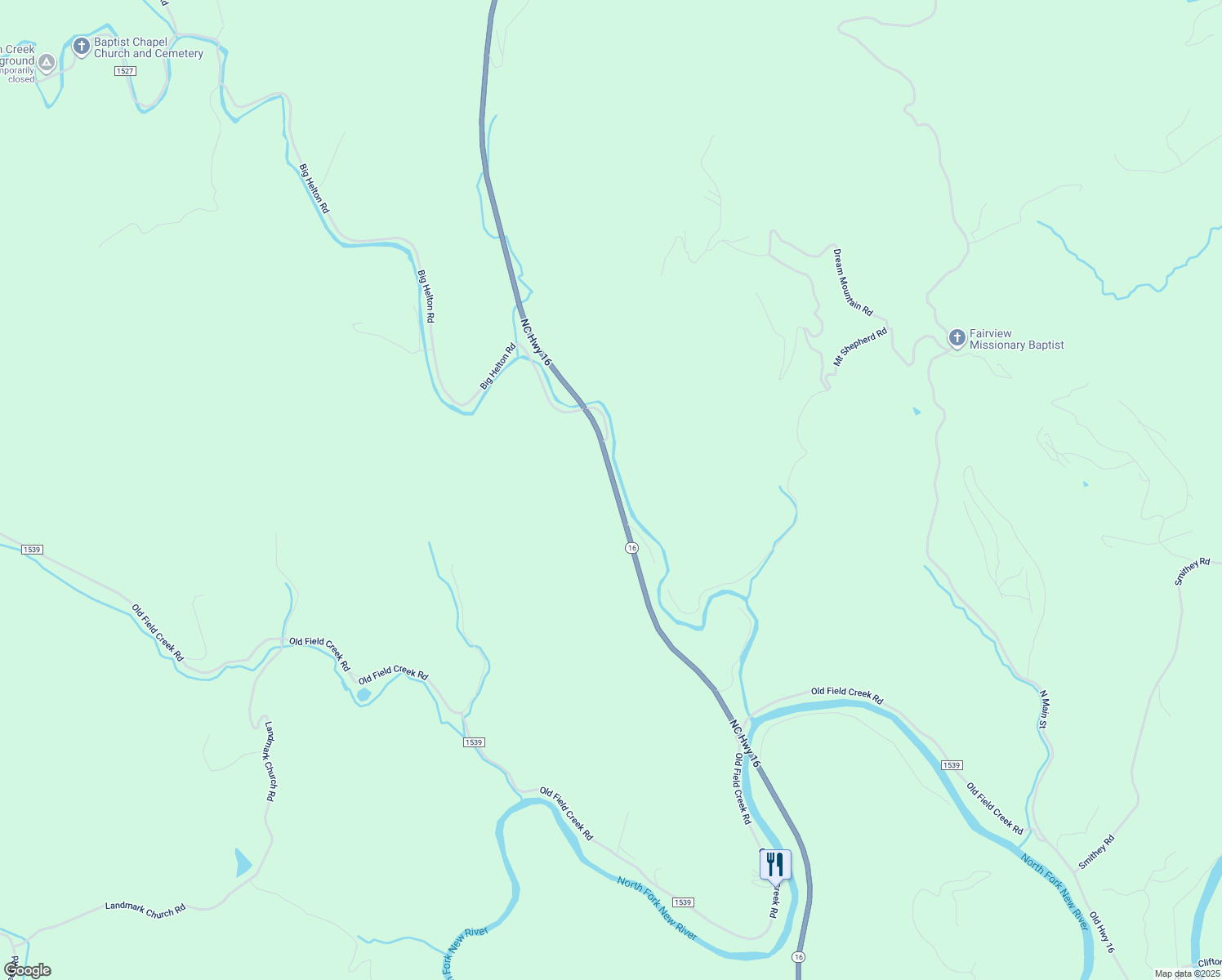 map of restaurants, bars, coffee shops, grocery stores, and more near 9103 North Carolina 16 in Grassy Creek