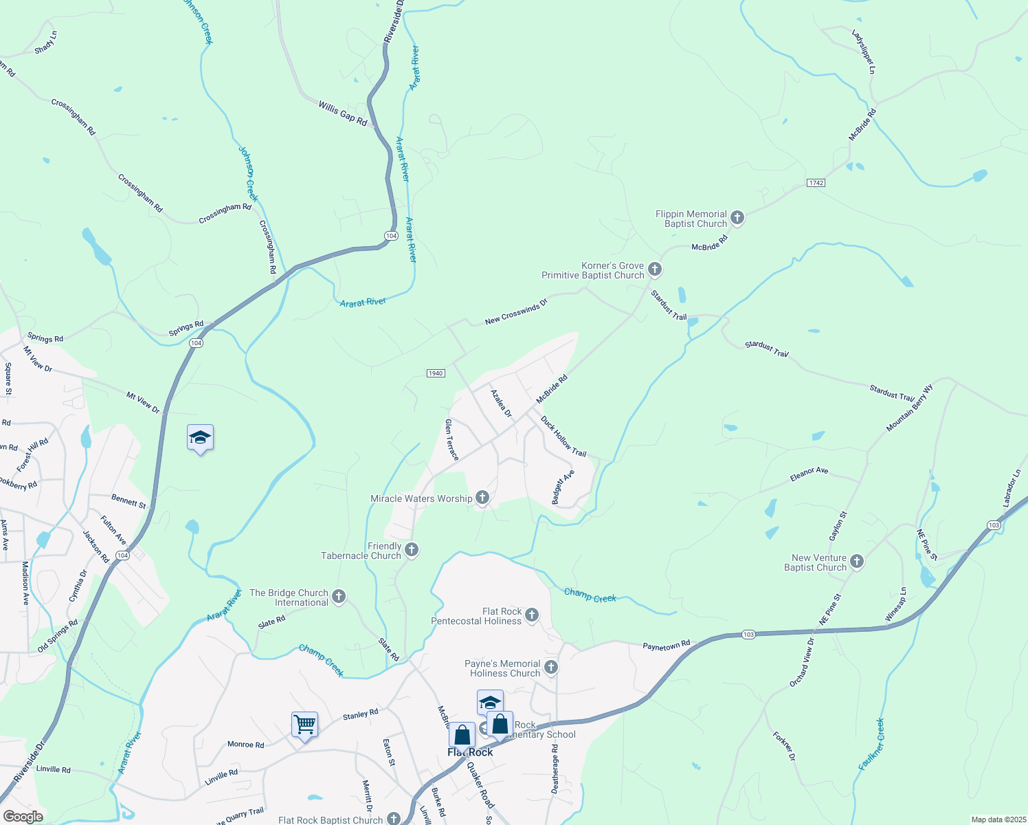 map of restaurants, bars, coffee shops, grocery stores, and more near 817 McBride Road in Mount Airy