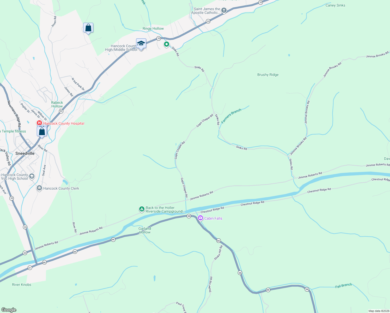 map of restaurants, bars, coffee shops, grocery stores, and more near 736 Gaps Chapel Road in Sneedville