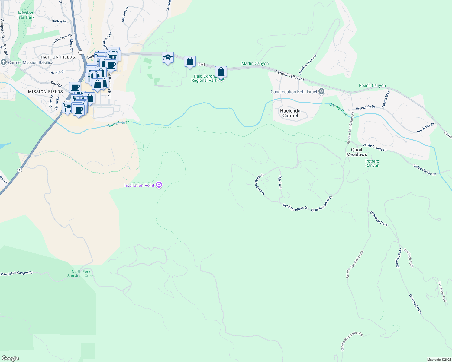 map of restaurants, bars, coffee shops, grocery stores, and more near 5479 Covey Court in Carmel-by-the-Sea